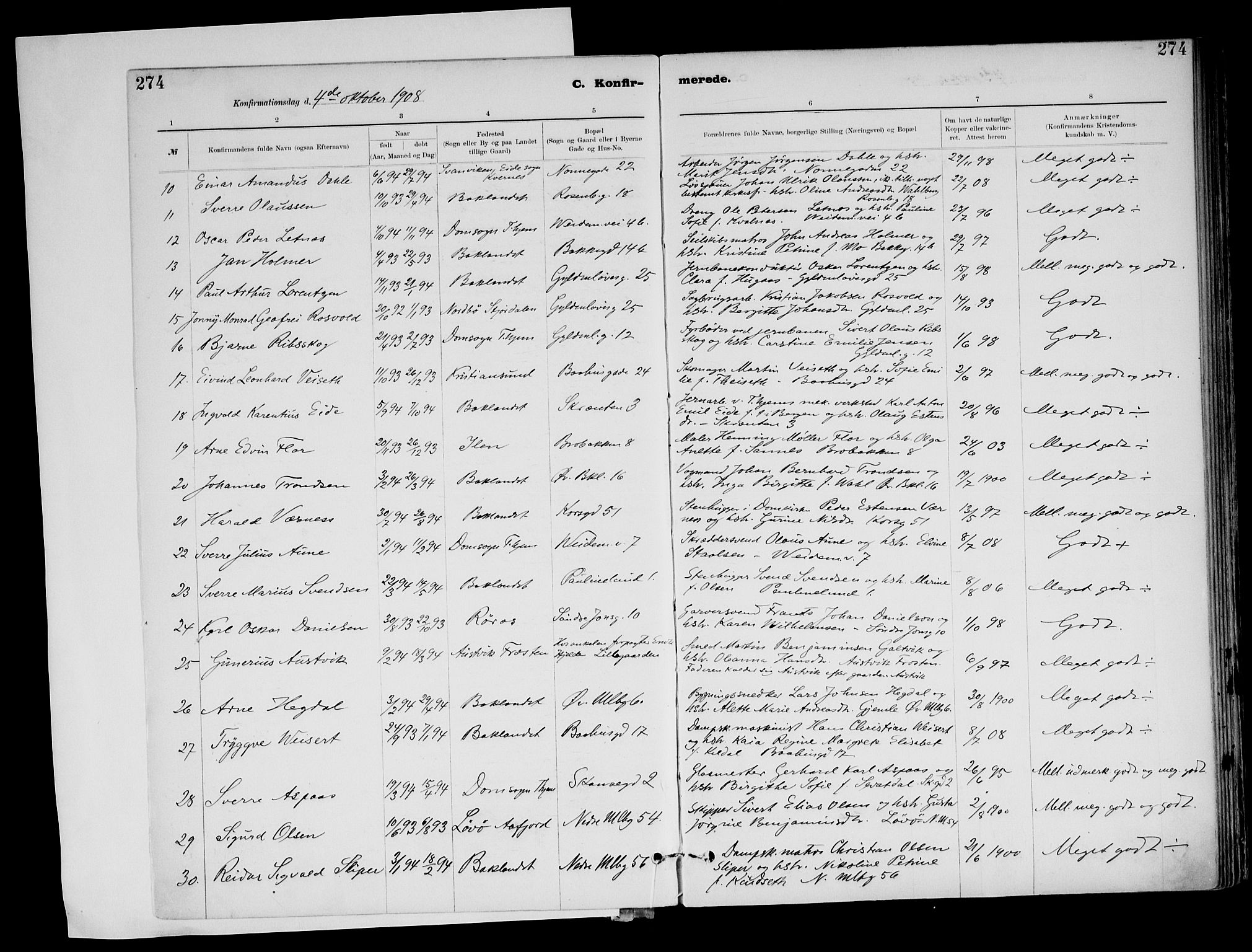 Ministerialprotokoller, klokkerbøker og fødselsregistre - Sør-Trøndelag, SAT/A-1456/604/L0203: Parish register (official) no. 604A23, 1908-1916, p. 274