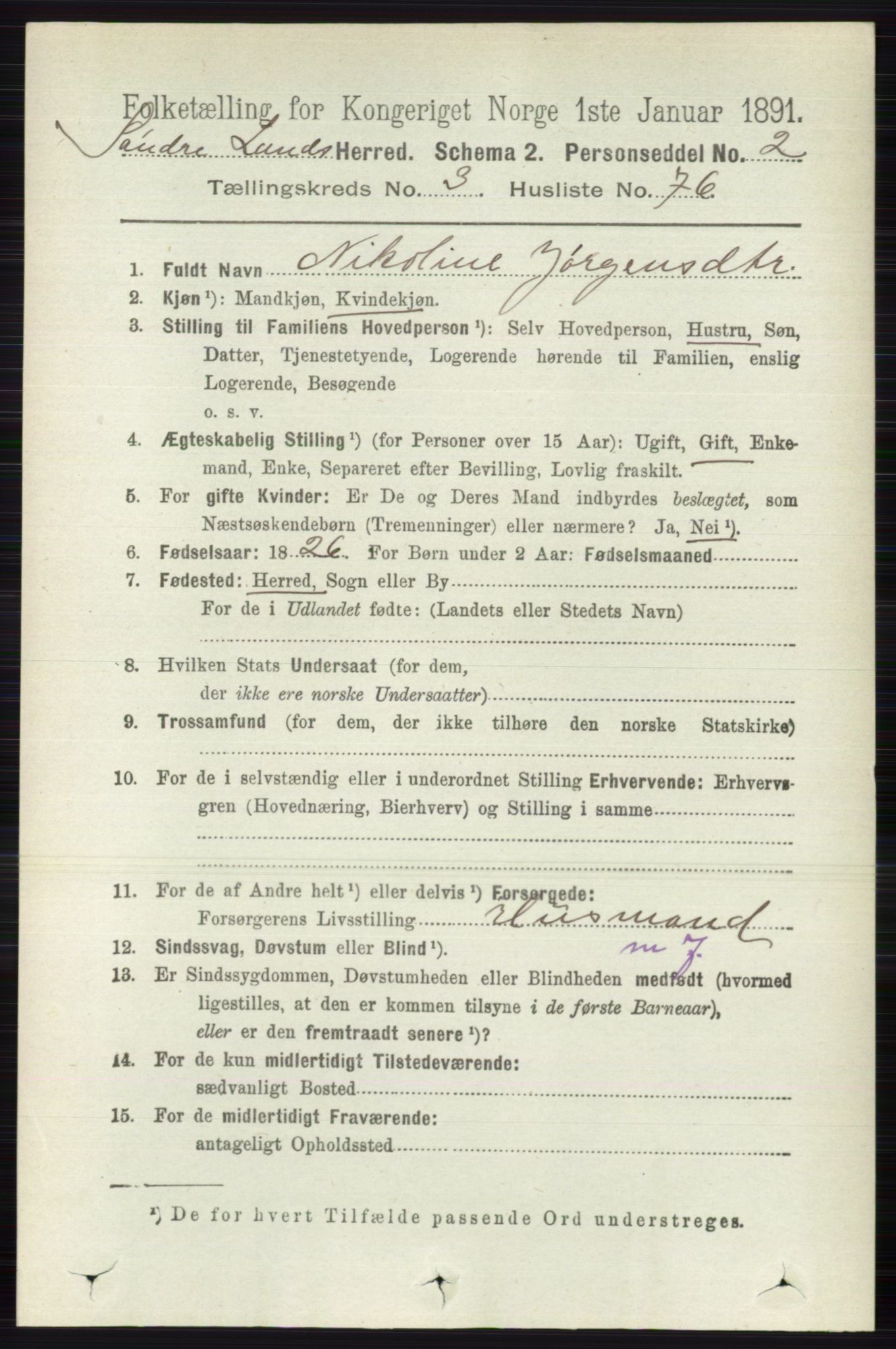 RA, 1891 census for 0536 Søndre Land, 1891, p. 2936