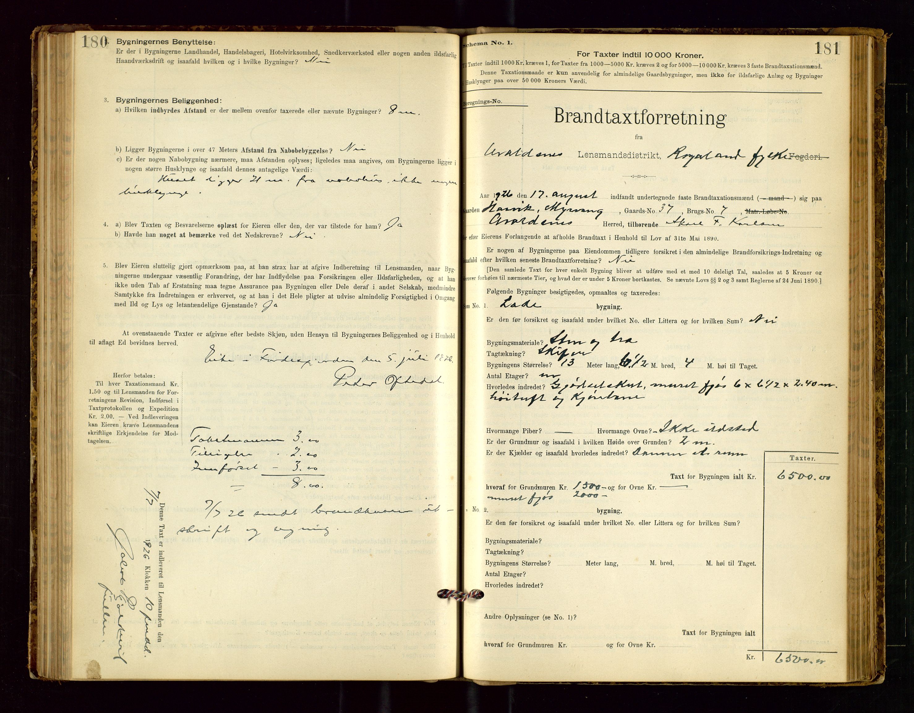 Avaldsnes lensmannskontor, SAST/A-100286/Gob/L0001: "Brandtaxationsprotokol for Avaldsnes Lensmandsdistrikt Ryfylke Fogderi", 1894-1925, p. 180-181