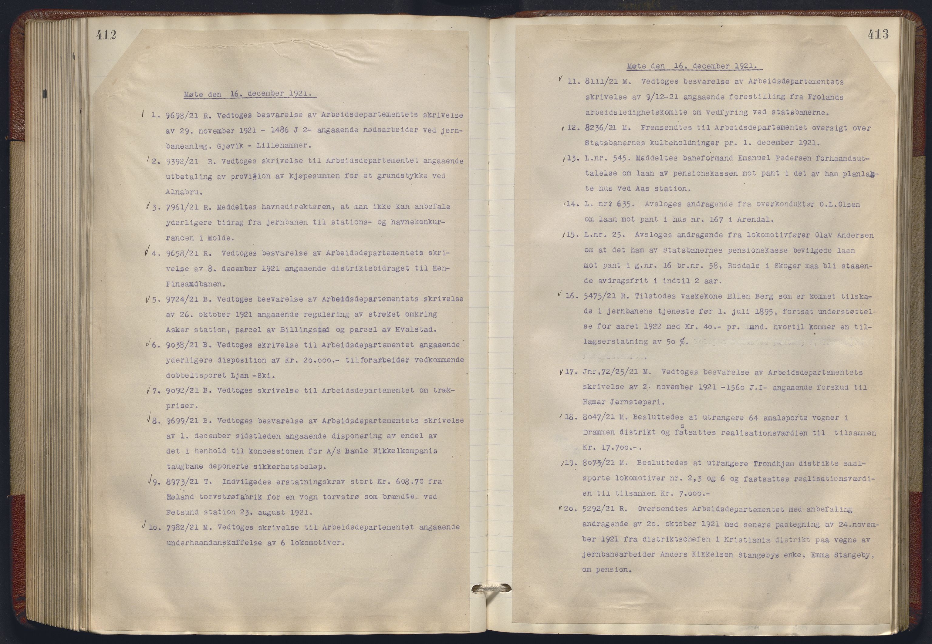 Norges statsbaner, Administrasjons- økonomi- og personalavdelingen, RA/S-3412/A/Aa/L0018: Forhandlingsprotokoll, 1920-1922, p. 412-413