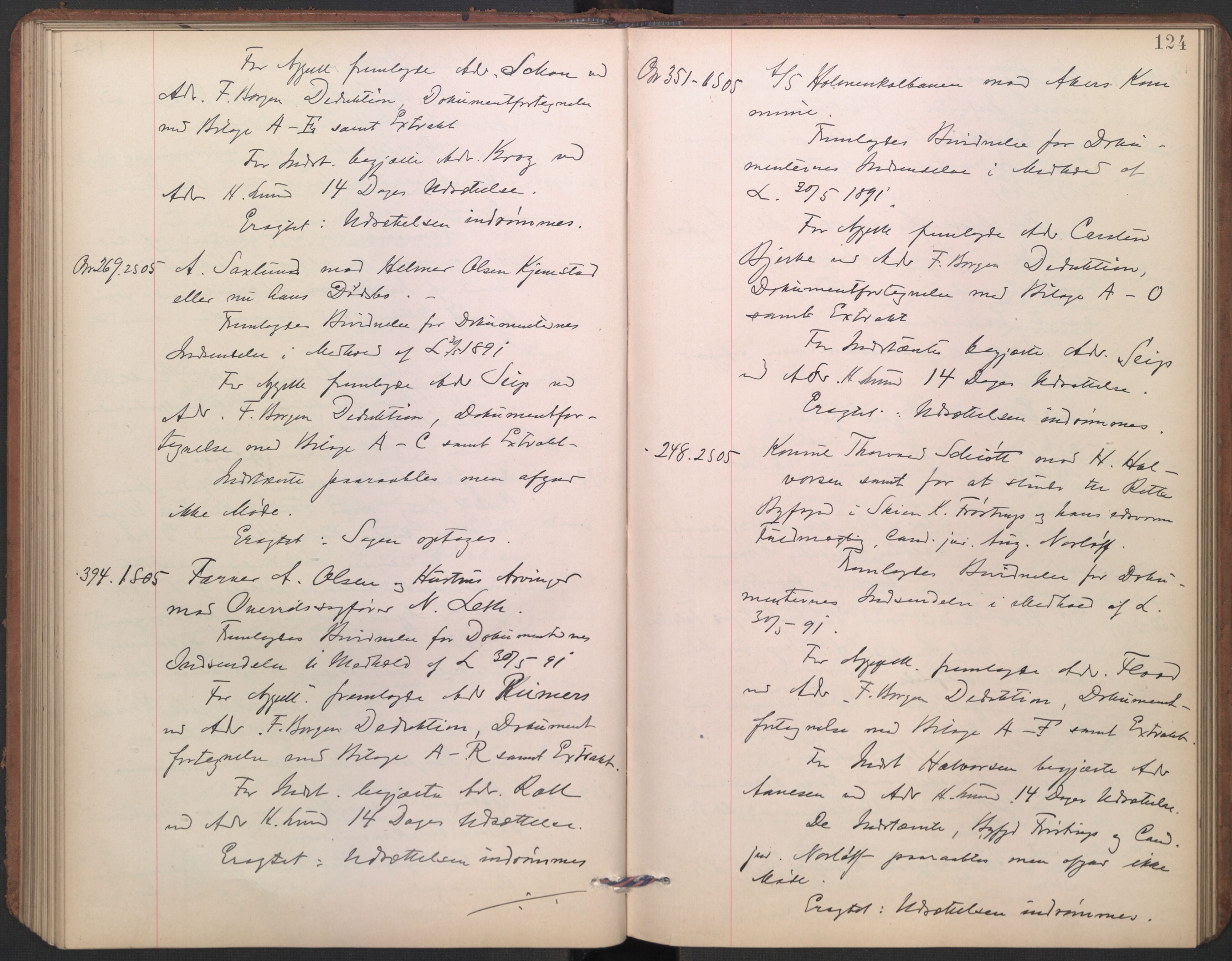 Høyesterett, AV/RA-S-1002/E/Ef/L0021: Protokoll over saker som gikk til skriftlig behandling, 1904-1907, p. 123b-124a