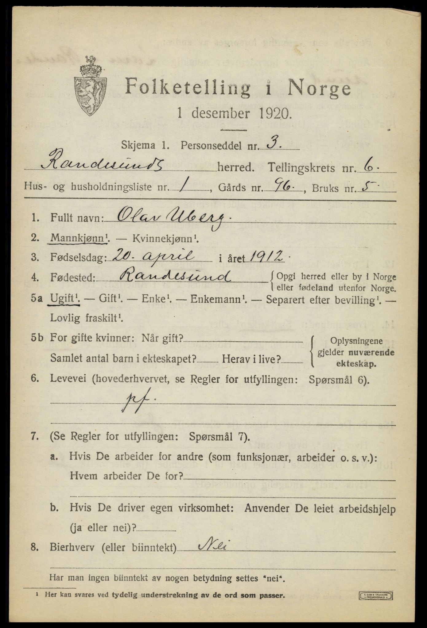 SAK, 1920 census for Randesund, 1920, p. 2750