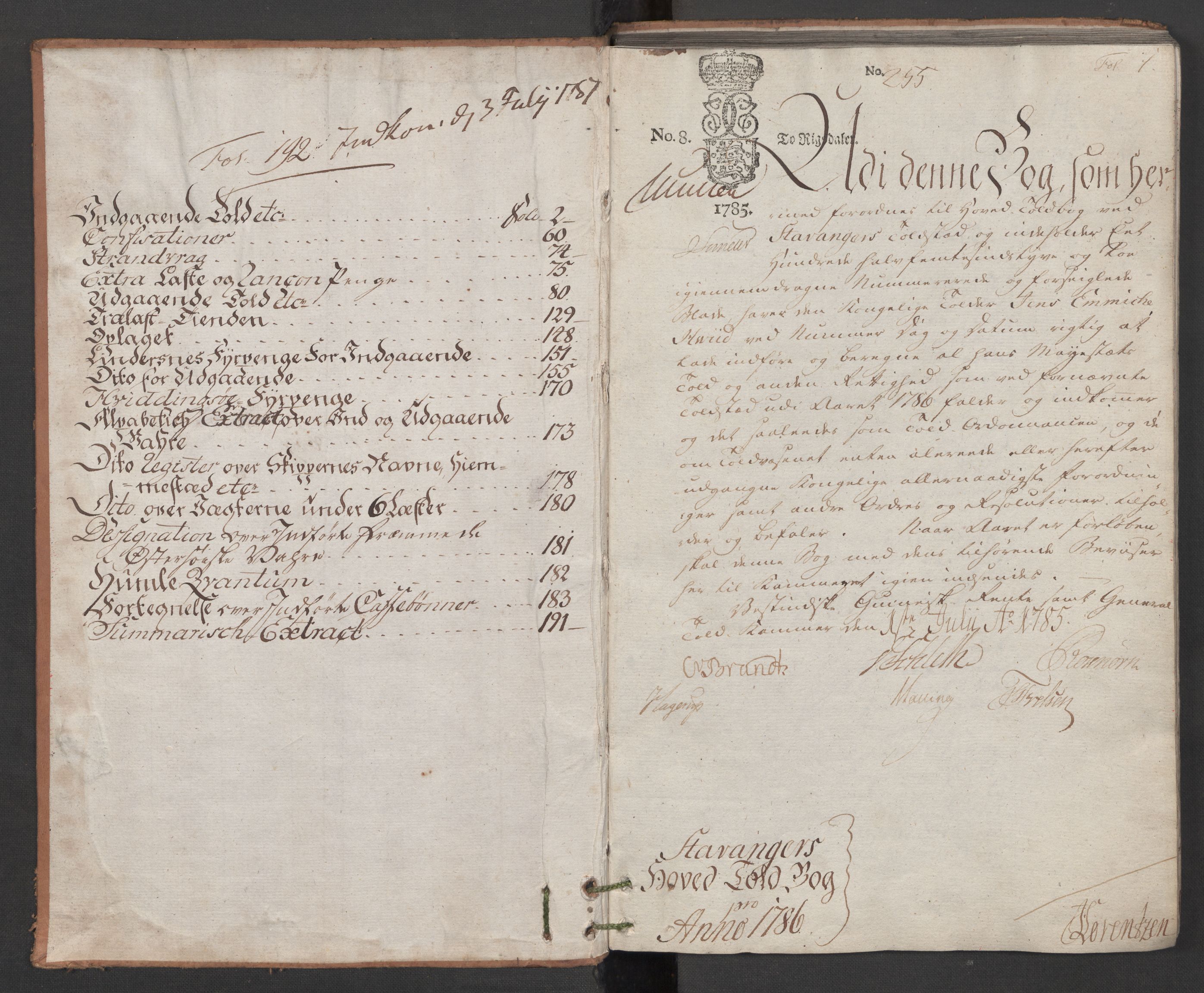 Generaltollkammeret, tollregnskaper, AV/RA-EA-5490/R22/L0048/0001: Tollregnskaper Stavanger / Hovedtollbok, 1786, p. 1a
