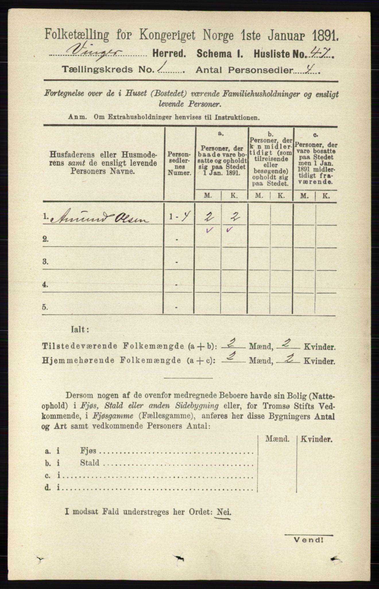 RA, 1891 census for 0421 Vinger, 1891, p. 85