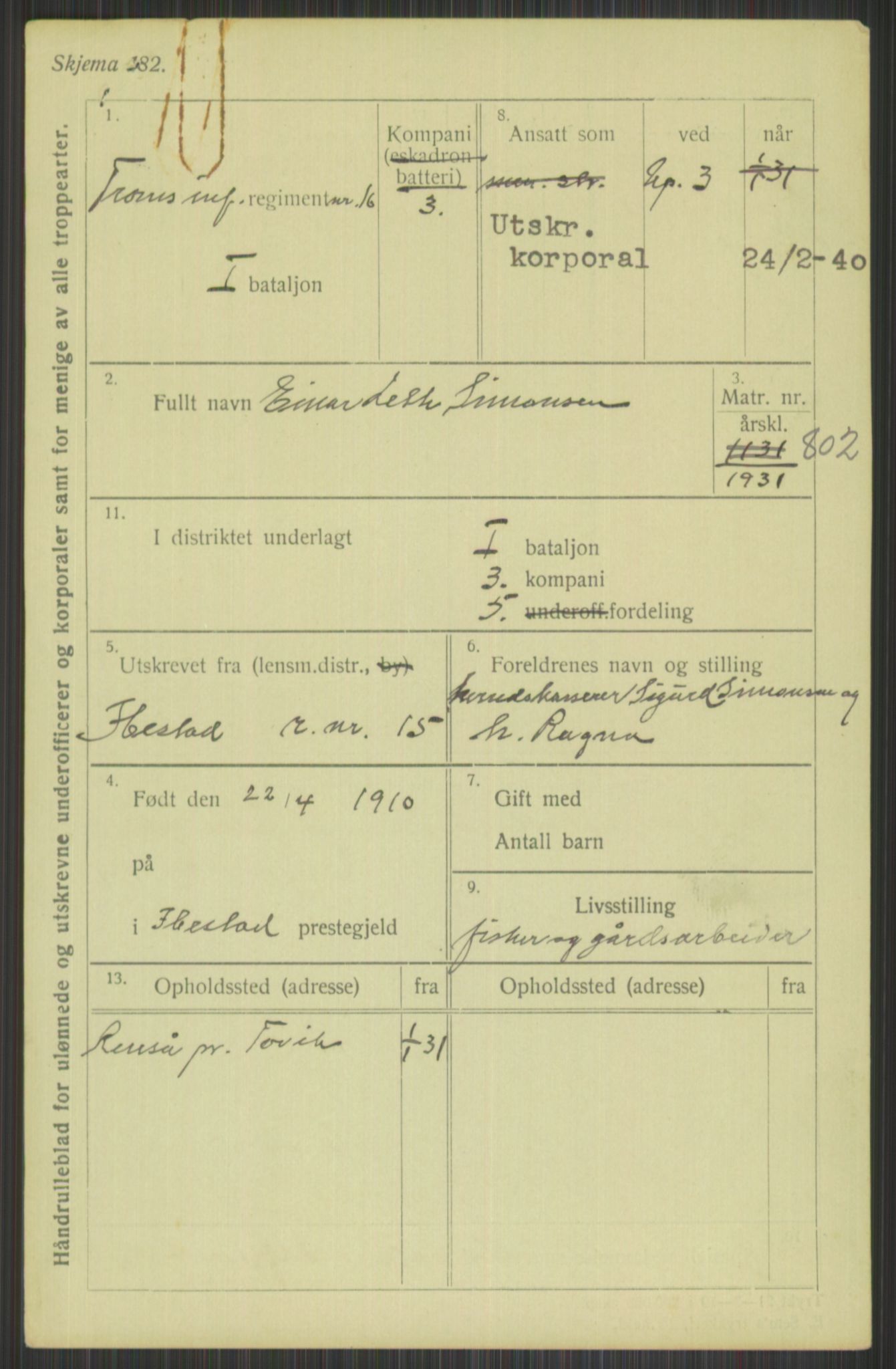 Forsvaret, Troms infanteriregiment nr. 16, AV/RA-RAFA-3146/P/Pa/L0015: Rulleblad for regimentets menige mannskaper, årsklasse 1931, 1931, p. 1073