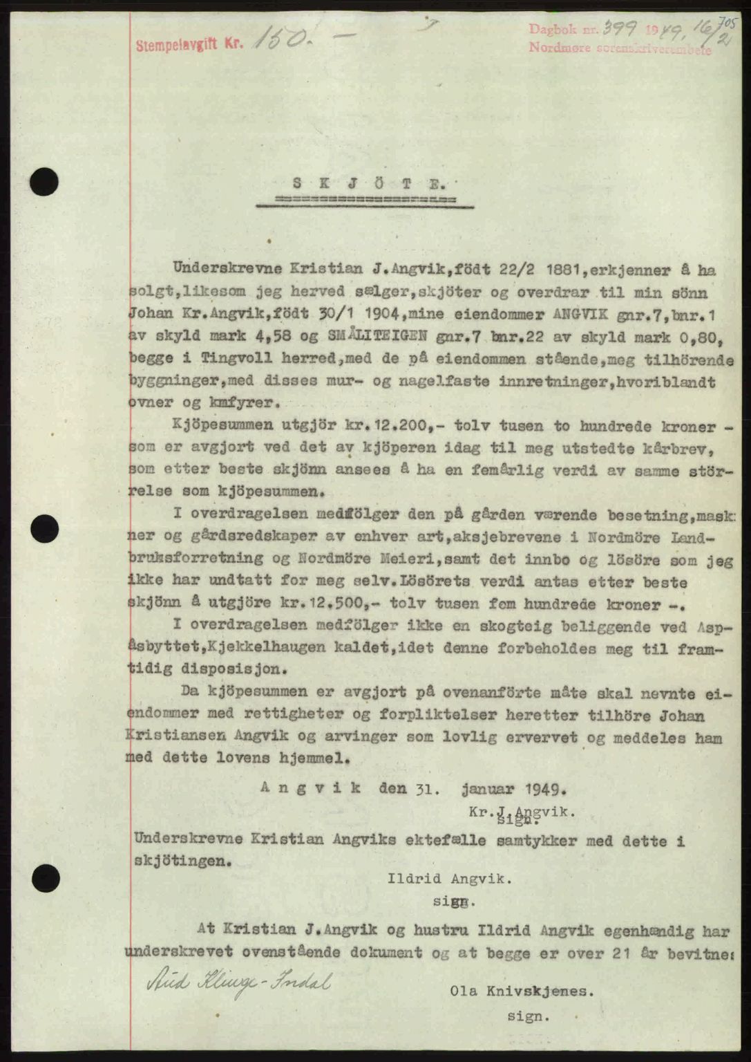 Nordmøre sorenskriveri, AV/SAT-A-4132/1/2/2Ca: Mortgage book no. A110, 1948-1949, Diary no: : 399/1949