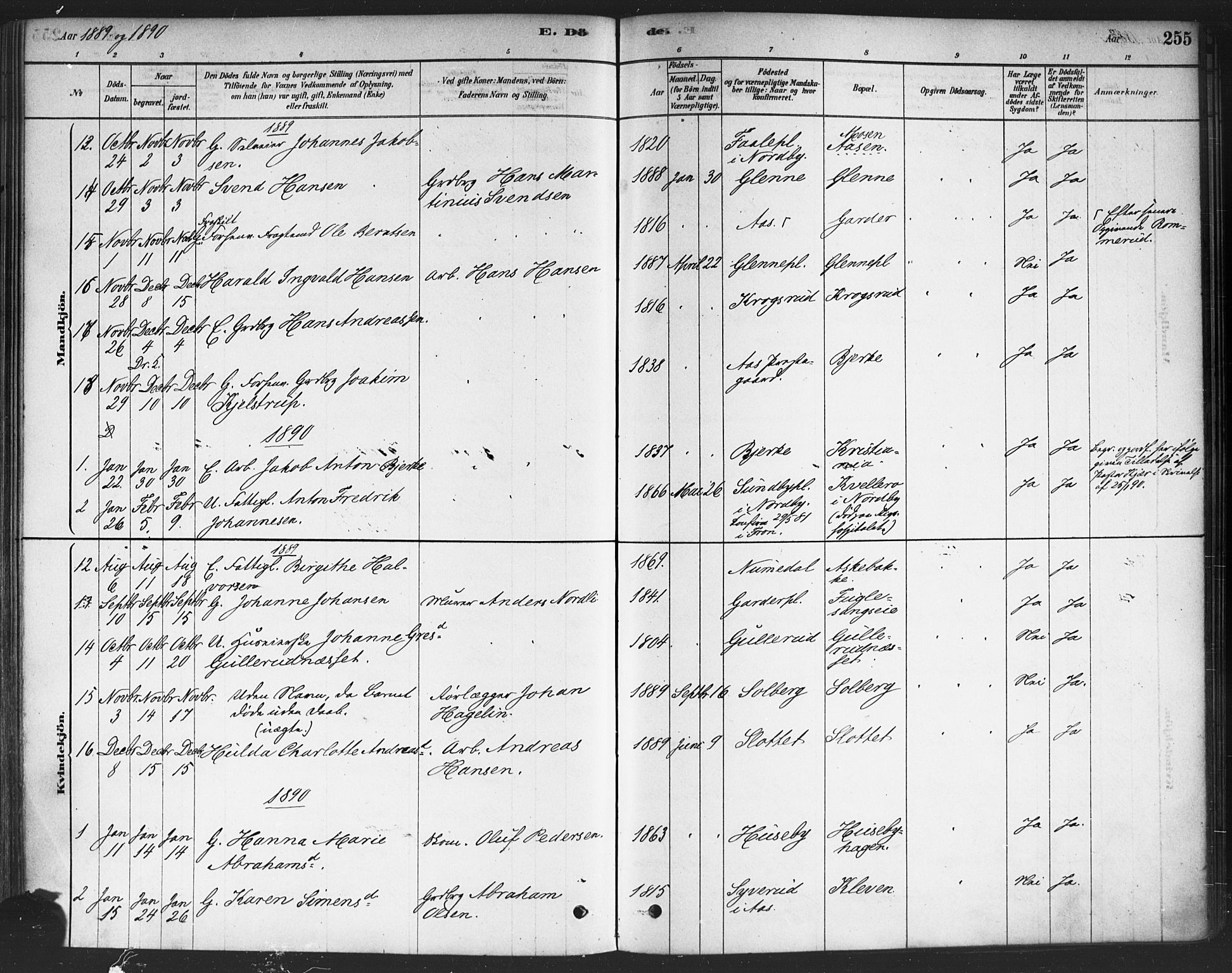 Drøbak prestekontor Kirkebøker, SAO/A-10142a/F/Fc/L0002: Parish register (official) no. III 2, 1878-1891, p. 255