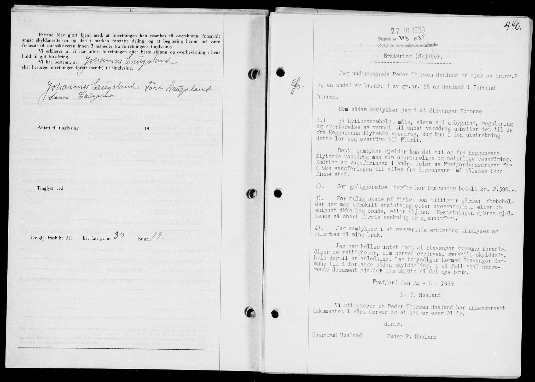 Ryfylke tingrett, AV/SAST-A-100055/001/II/IIB/L0080: Mortgage book no. 59, 1939-1939, Diary no: : 1343/1939