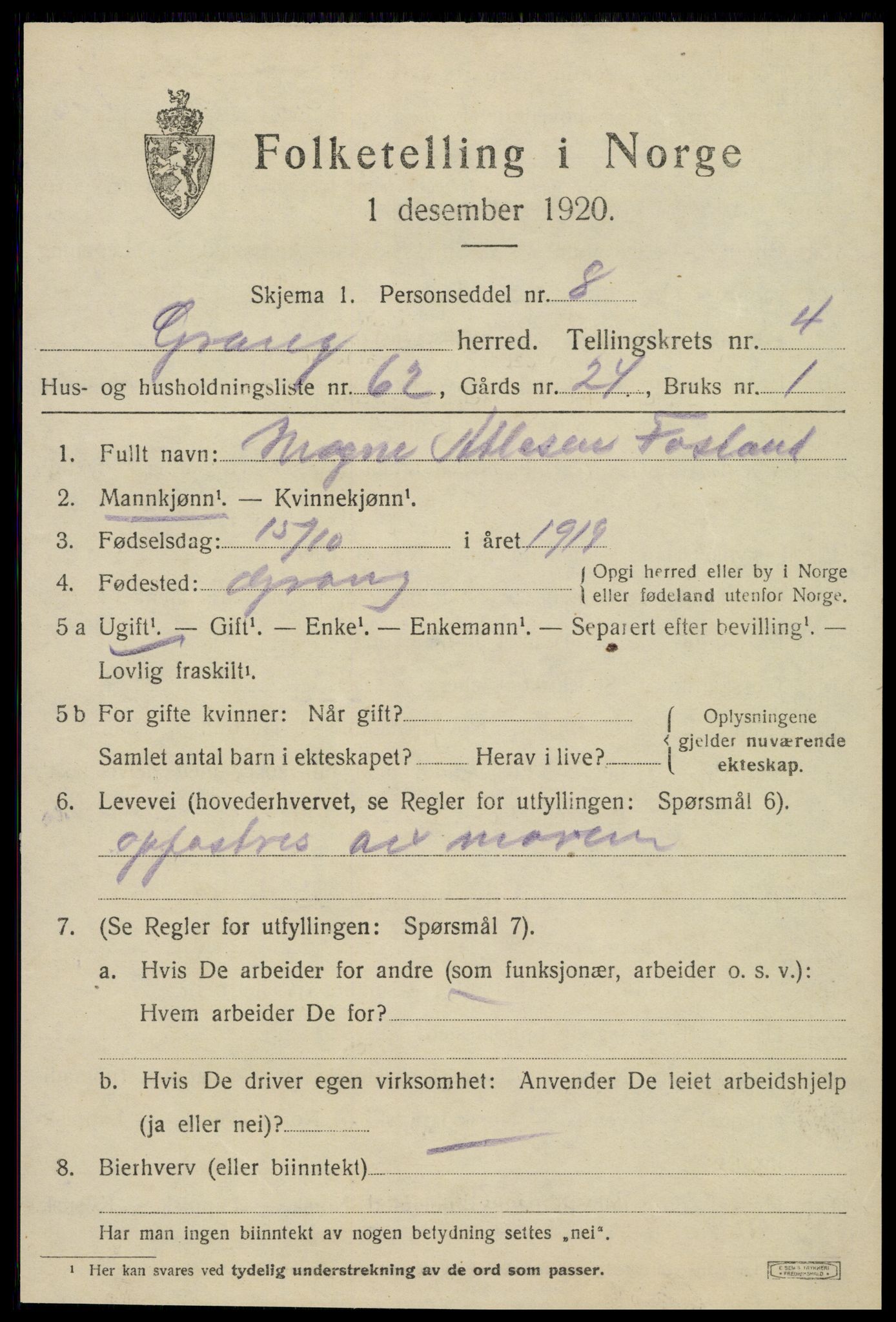 SAT, 1920 census for Grong, 1920, p. 3281