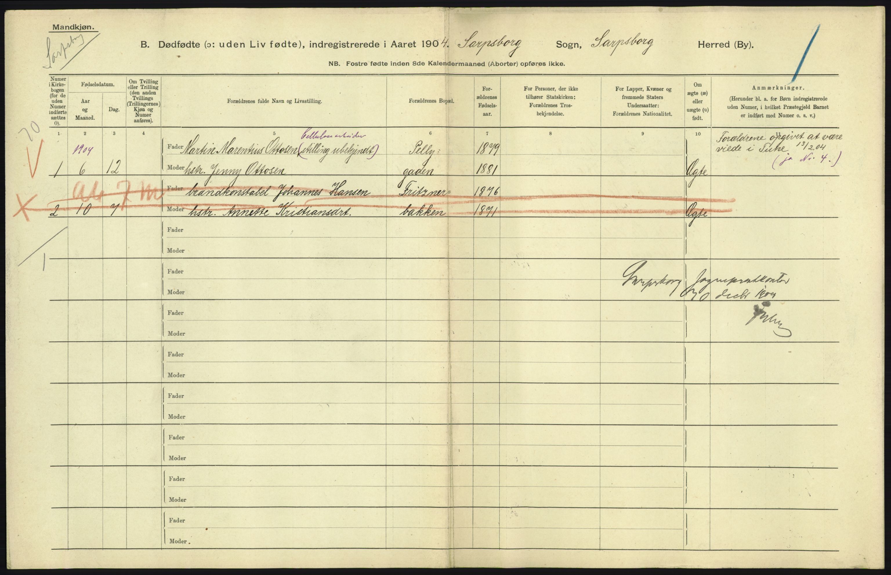 Statistisk sentralbyrå, Sosiodemografiske emner, Befolkning, RA/S-2228/D/Df/Dfa/Dfab/L0027: Smålenes amt - Finnmarkens amt: Dødfødte. Byer, 1904, p. 19