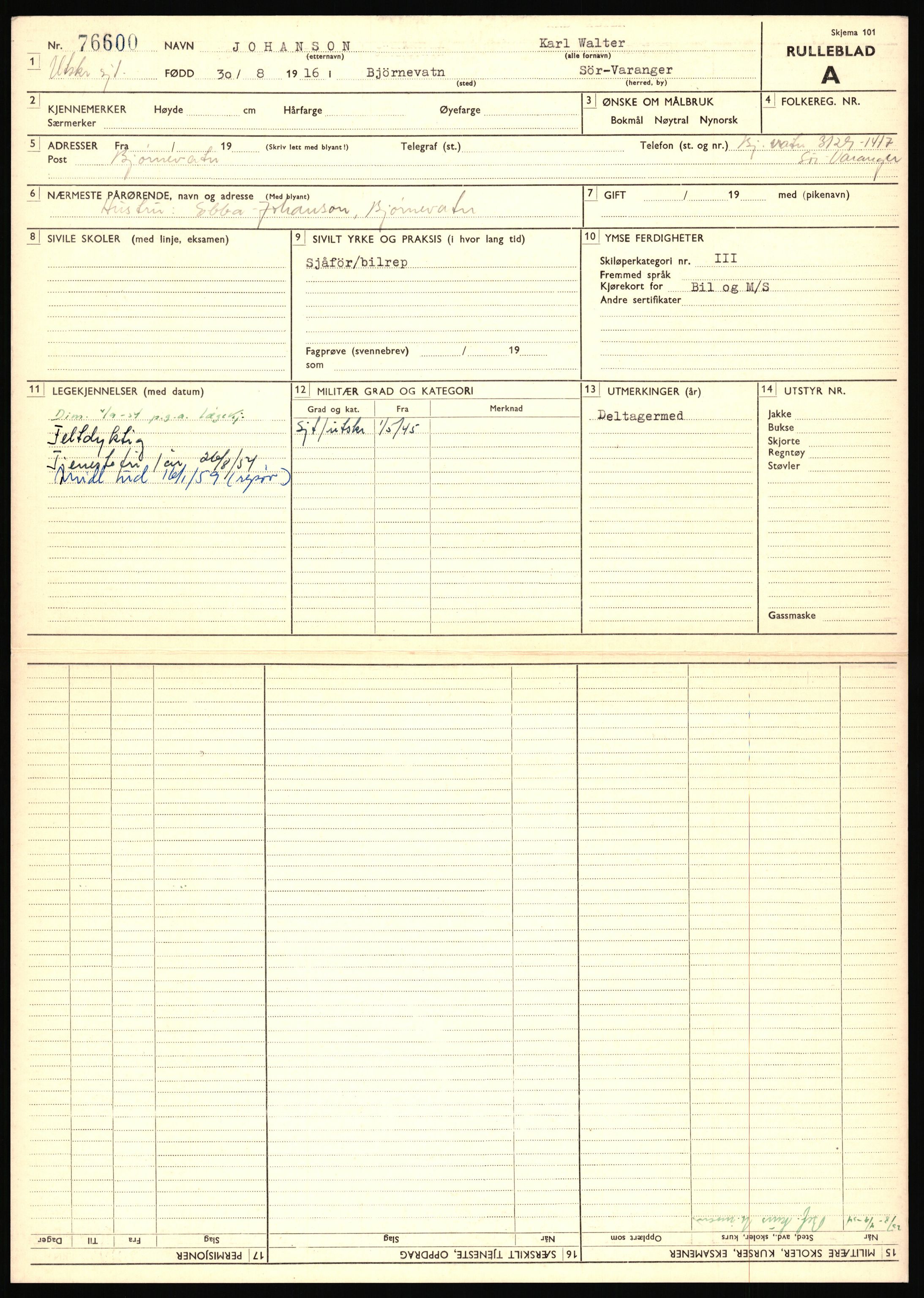 Forsvaret, Varanger bataljon, AV/RA-RAFA-2258/1/D/L0456: Rulleblad og tjenesteuttalelser for befal født 1916-1919 og 1921-1923, 1916-1923, p. 81