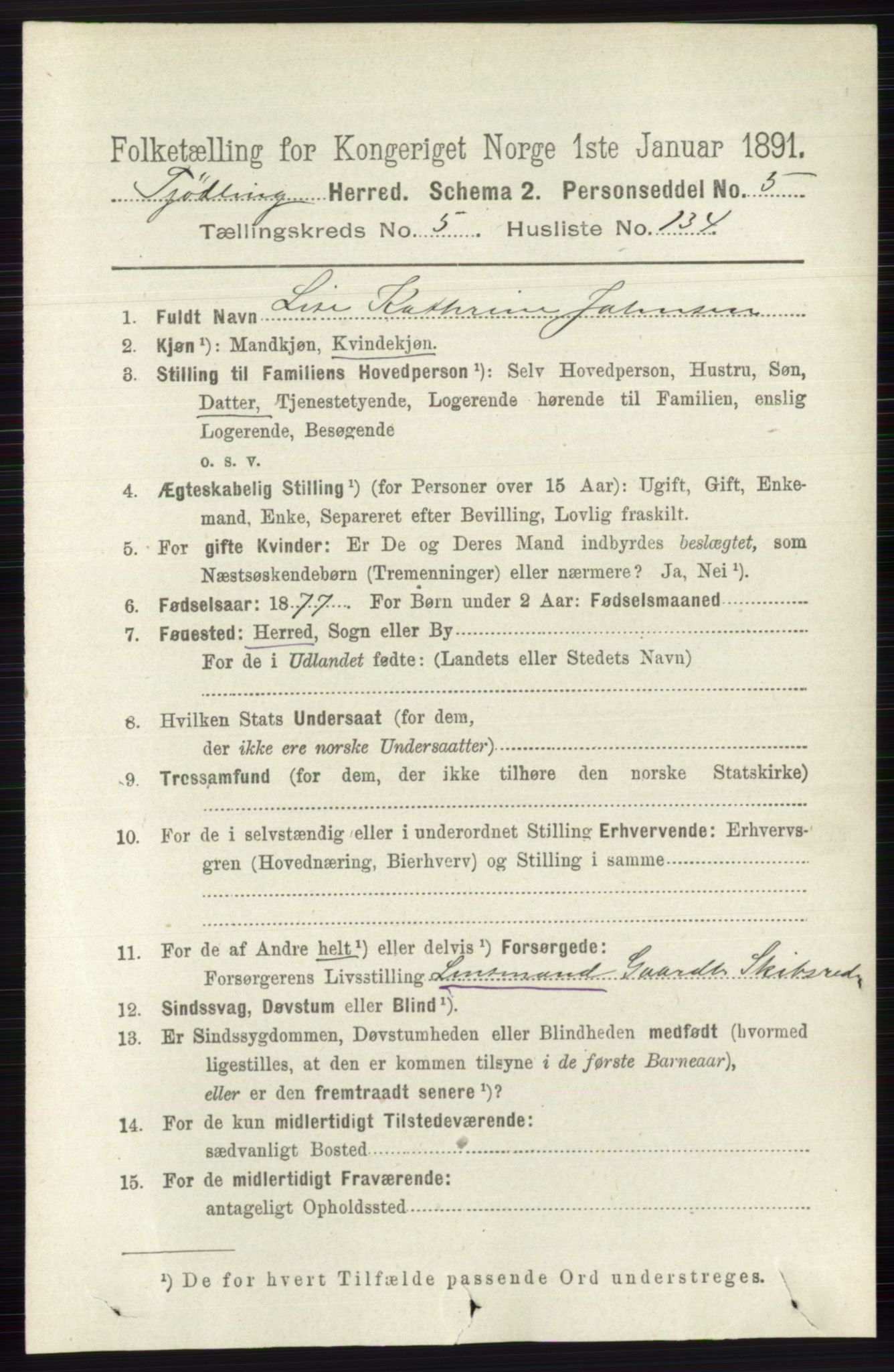 RA, 1891 census for 0725 Tjølling, 1891, p. 2792