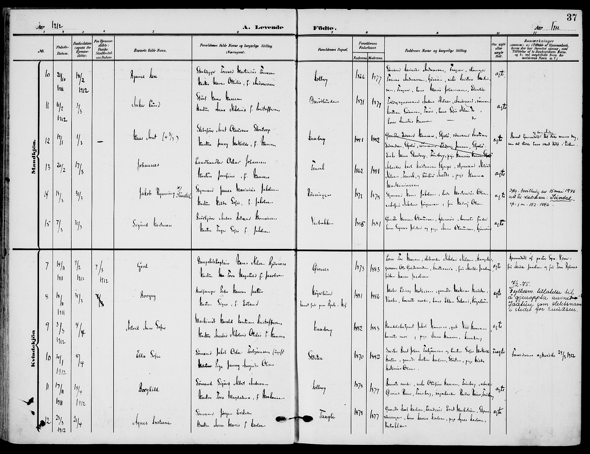 Nøtterøy kirkebøker, AV/SAKO-A-354/F/Fa/L0010: Parish register (official) no. I 10, 1908-1919, p. 37