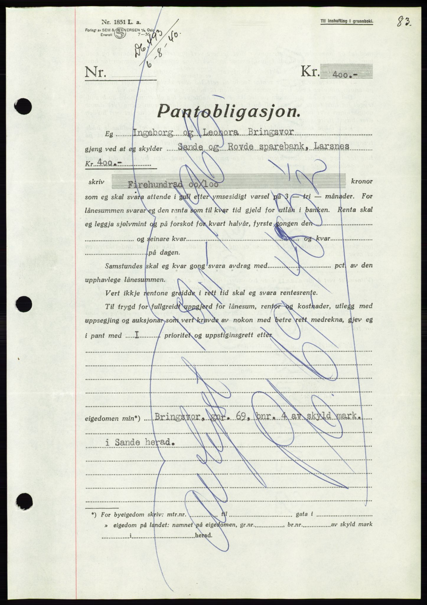 Søre Sunnmøre sorenskriveri, AV/SAT-A-4122/1/2/2C/L0070: Mortgage book no. 64, 1940-1941, Diary no: : 493/1940