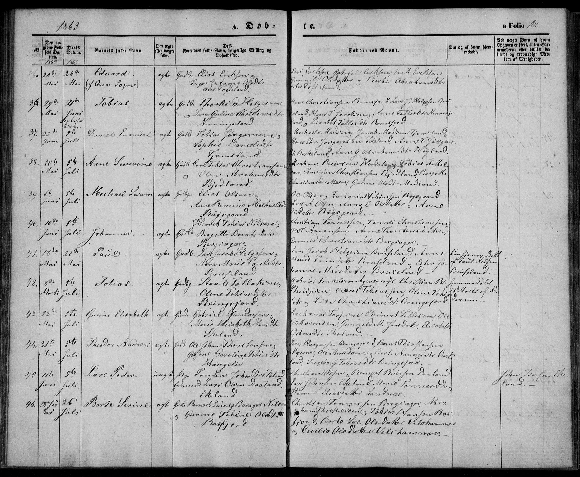 Lyngdal sokneprestkontor, AV/SAK-1111-0029/F/Fa/Fac/L0009: Parish register (official) no. A 9, 1852-1864, p. 101