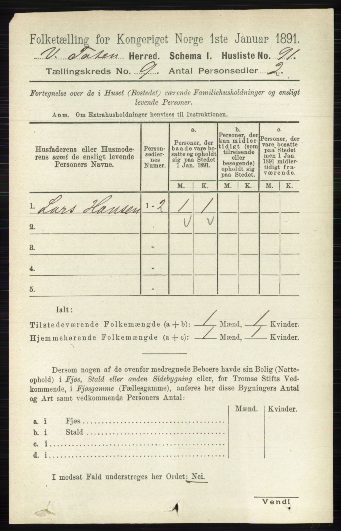 RA, 1891 census for 0529 Vestre Toten, 1891, p. 5543