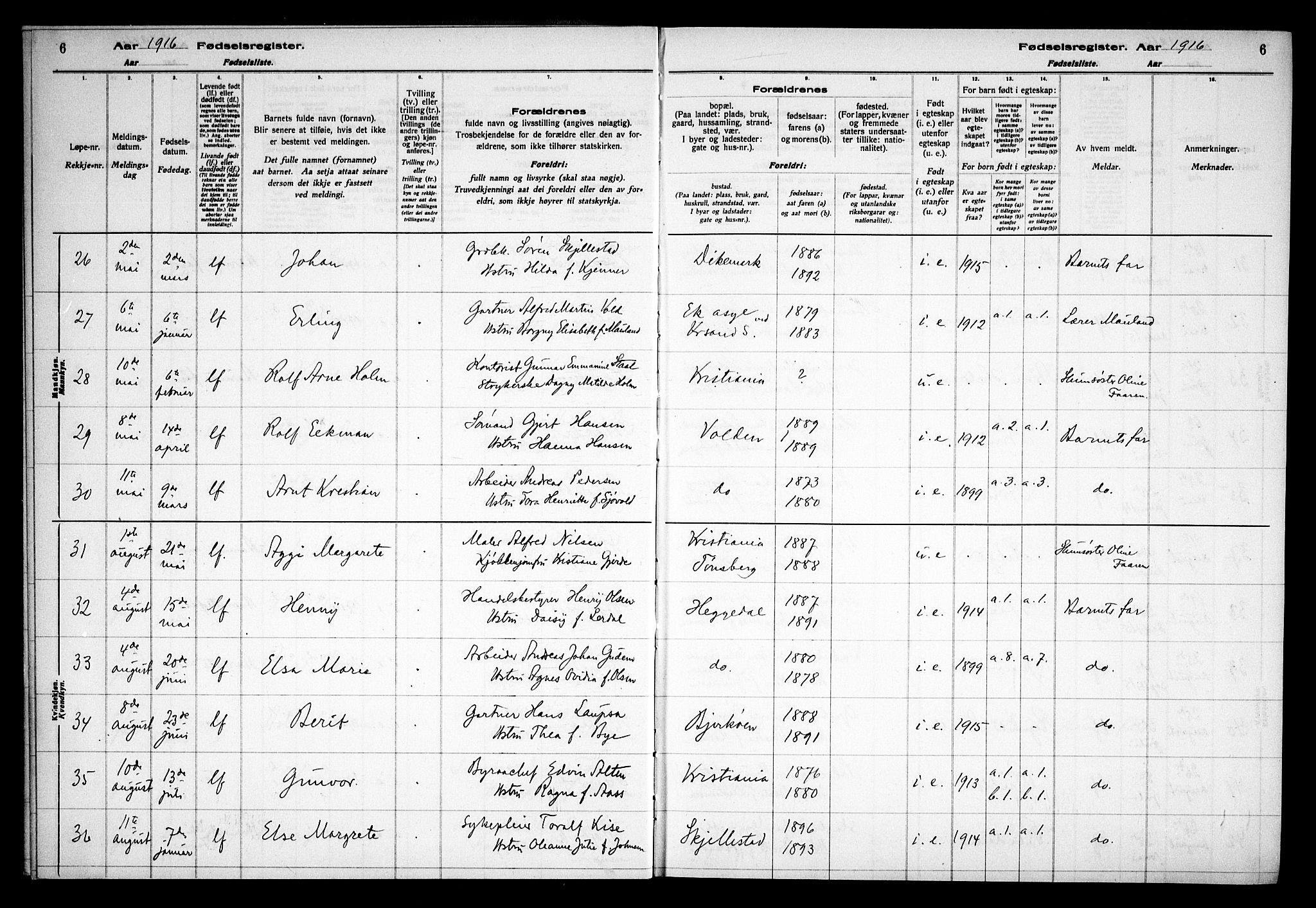 Asker prestekontor Kirkebøker, SAO/A-10256a/J/L0001: Birth register no. 1, 1916-1925, p. 6
