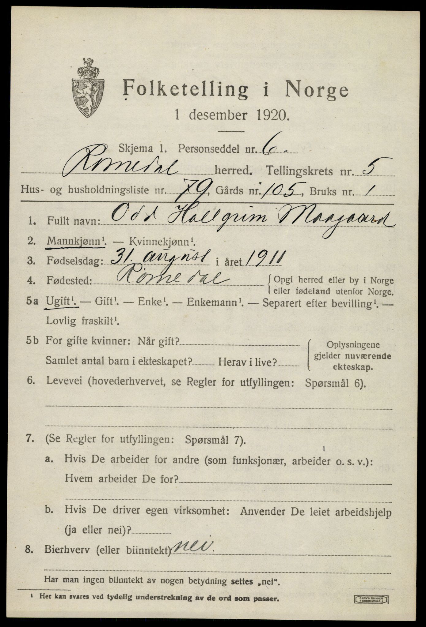 SAH, 1920 census for Romedal, 1920, p. 7755