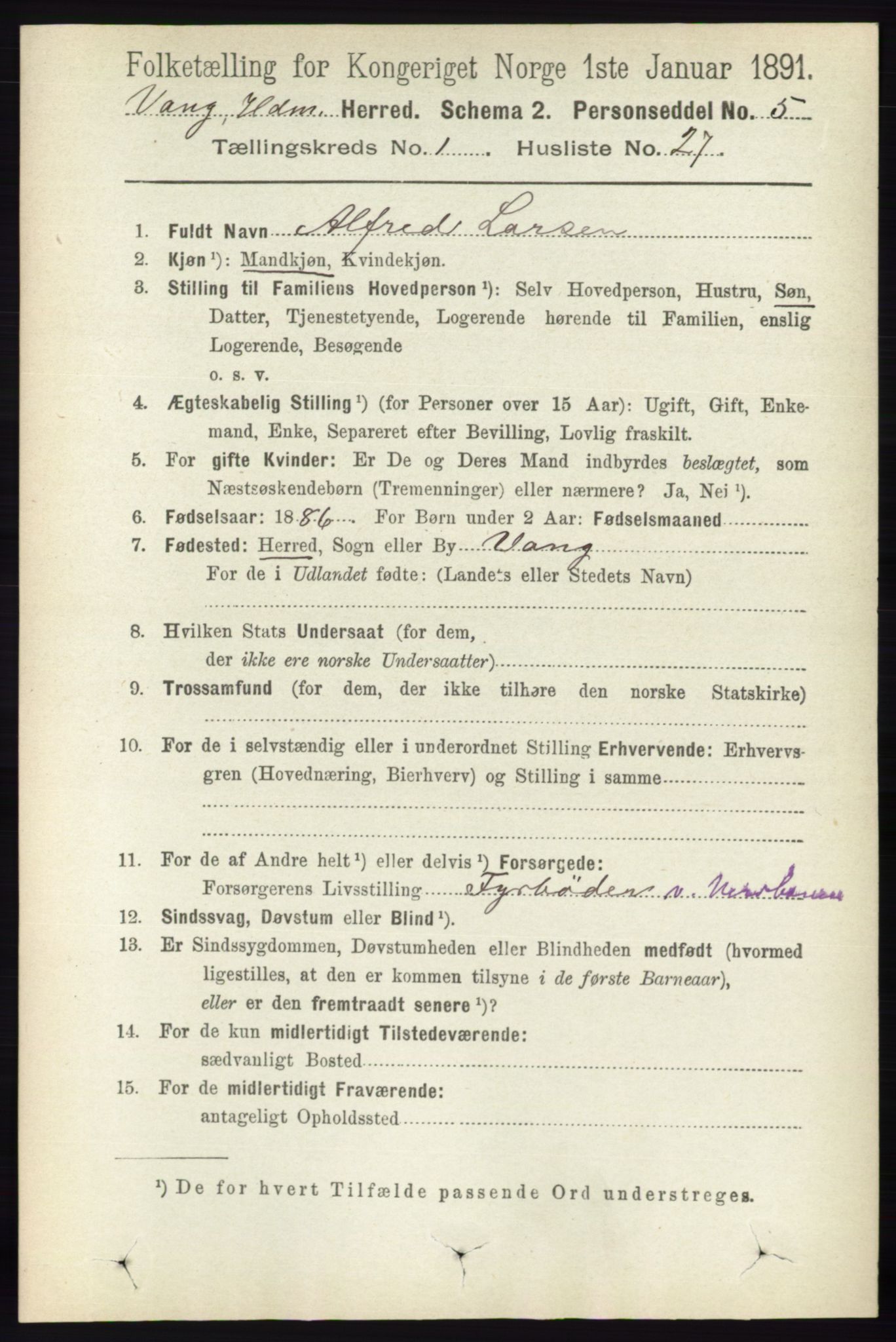 RA, 1891 census for 0414 Vang, 1891, p. 341