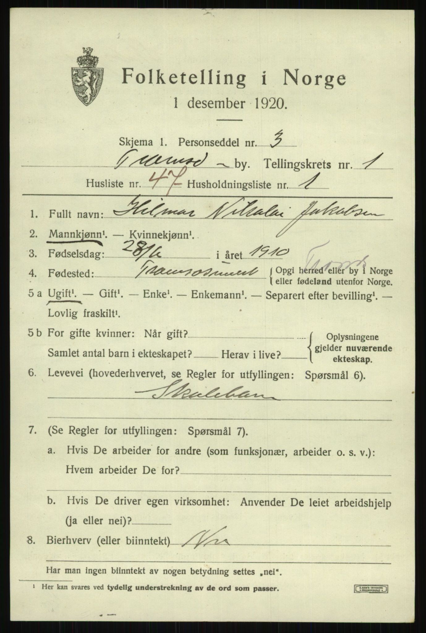SATØ, 1920 census for Tromsø, 1920, p. 7749