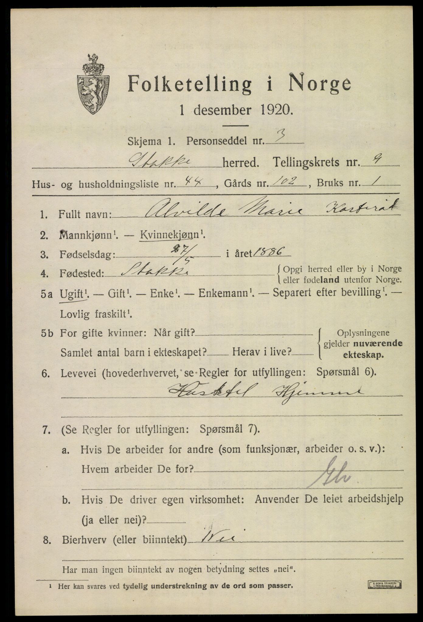 SAKO, 1920 census for Stokke, 1920, p. 10900