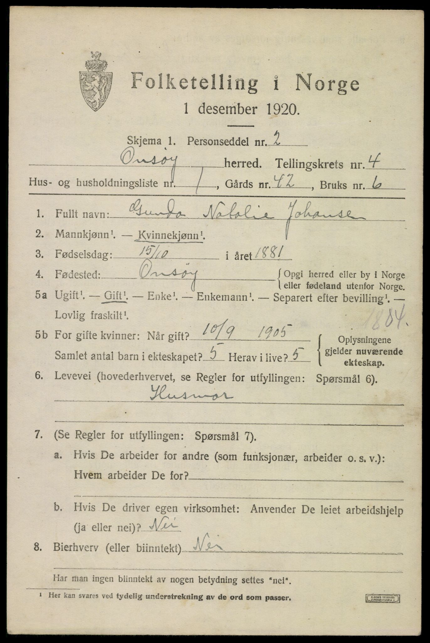 SAO, 1920 census for Onsøy, 1920, p. 4905