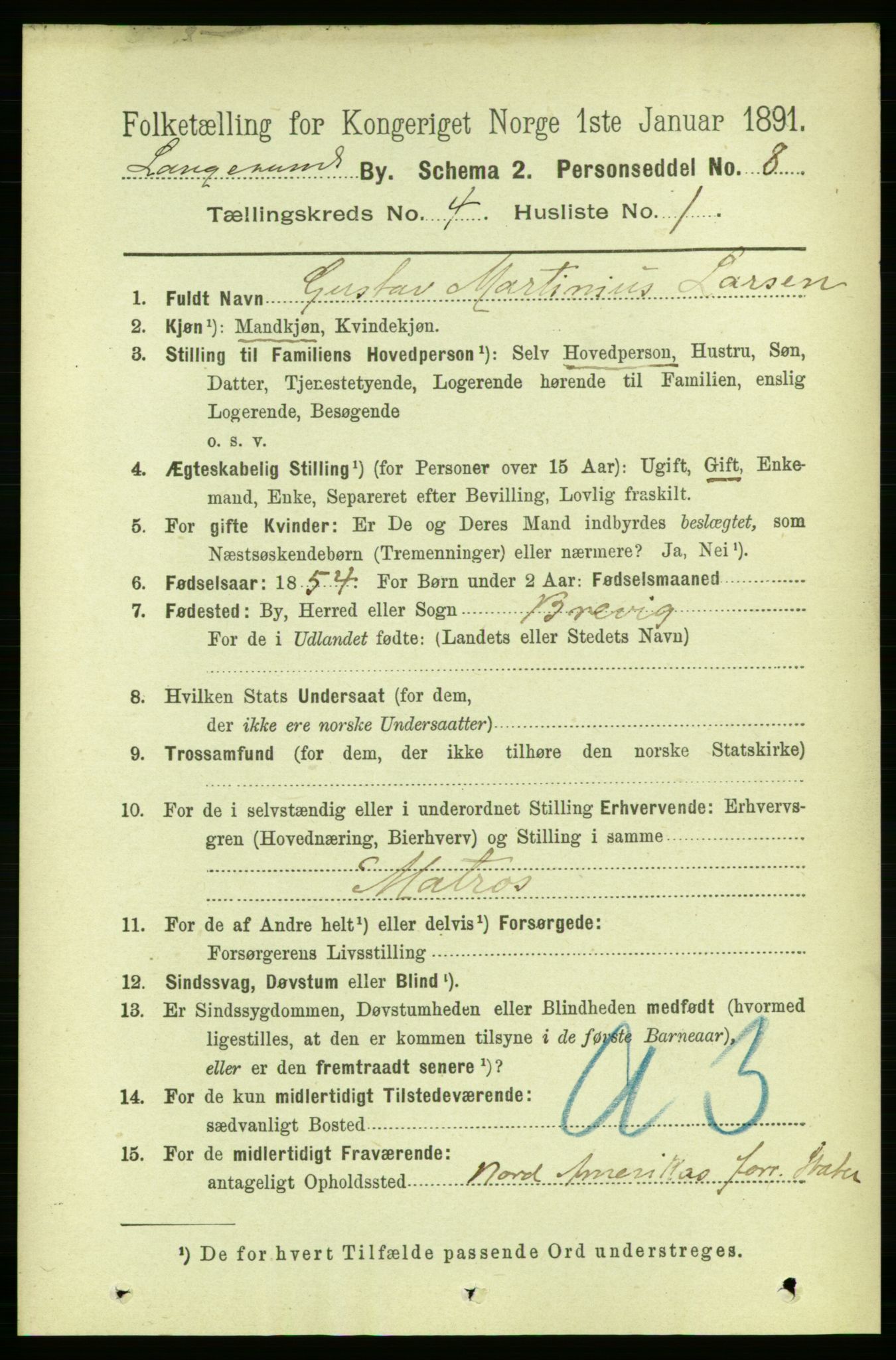 RA, 1891 census for 0802 Langesund, 1891, p. 1160