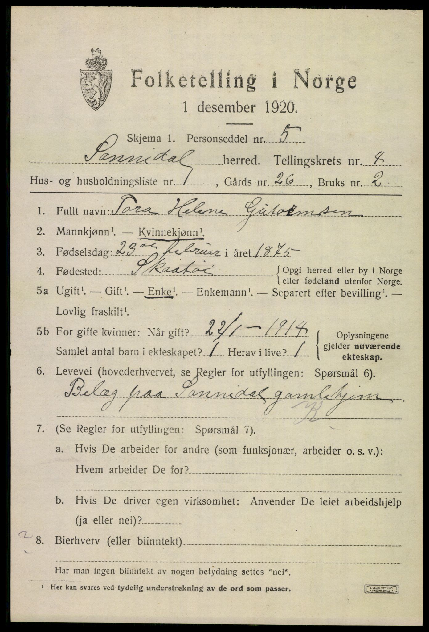 SAKO, 1920 census for Sannidal, 1920, p. 3349