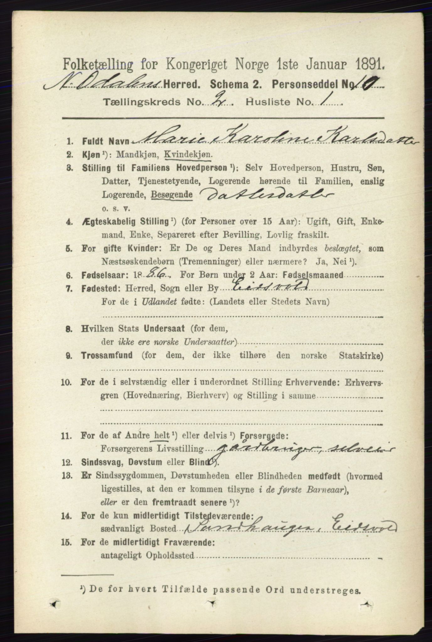 RA, 1891 census for 0418 Nord-Odal, 1891, p. 441