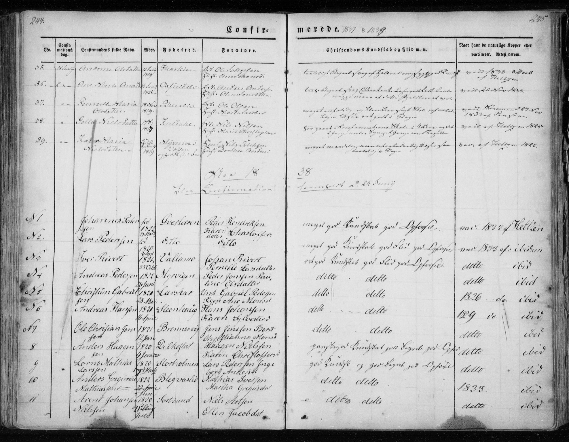 Ministerialprotokoller, klokkerbøker og fødselsregistre - Nordland, SAT/A-1459/825/L0354: Parish register (official) no. 825A08, 1826-1841, p. 244-245