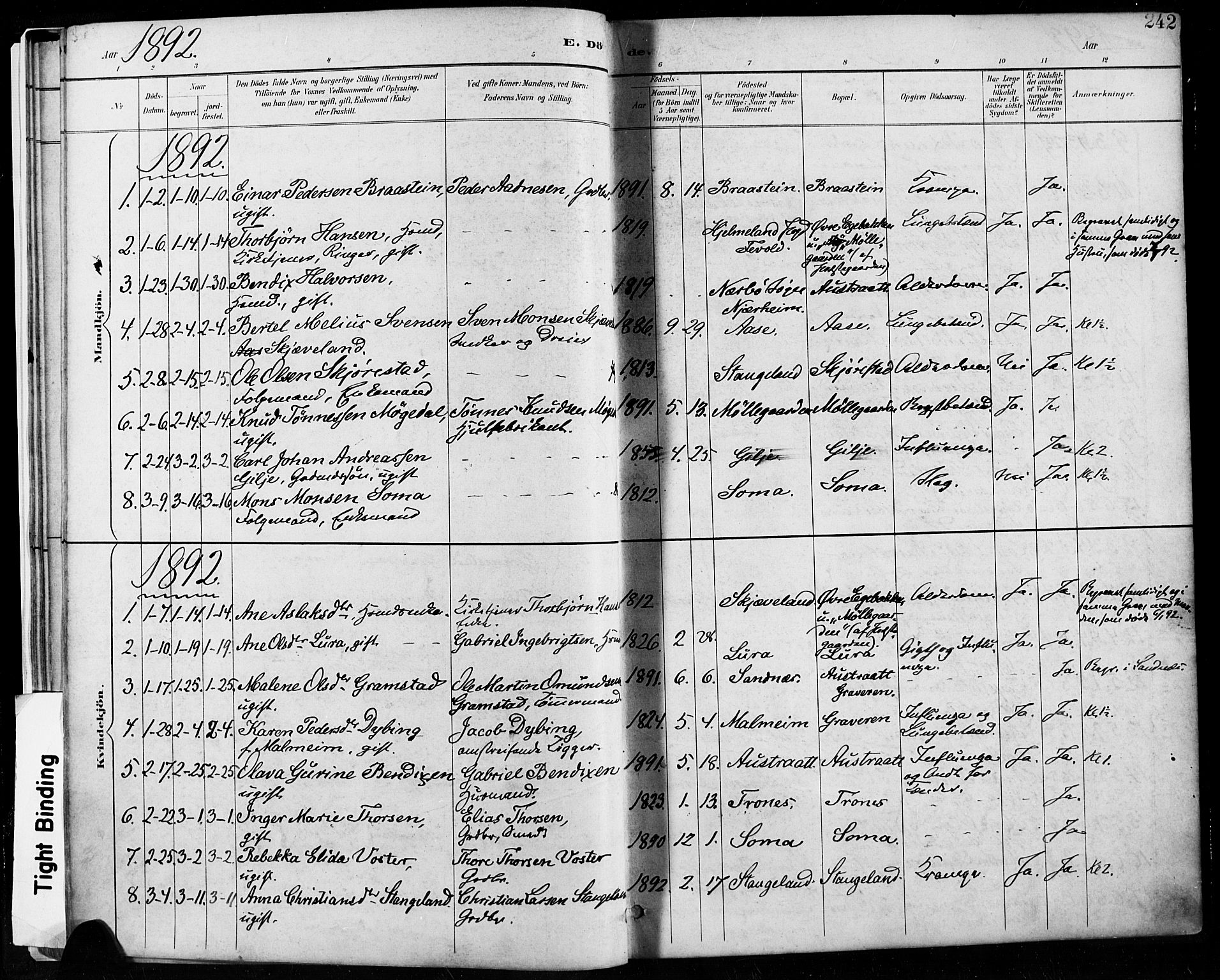 Høyland sokneprestkontor, SAST/A-101799/001/30BA/L0013: Parish register (official) no. A 13.2, 1889-1898, p. 242