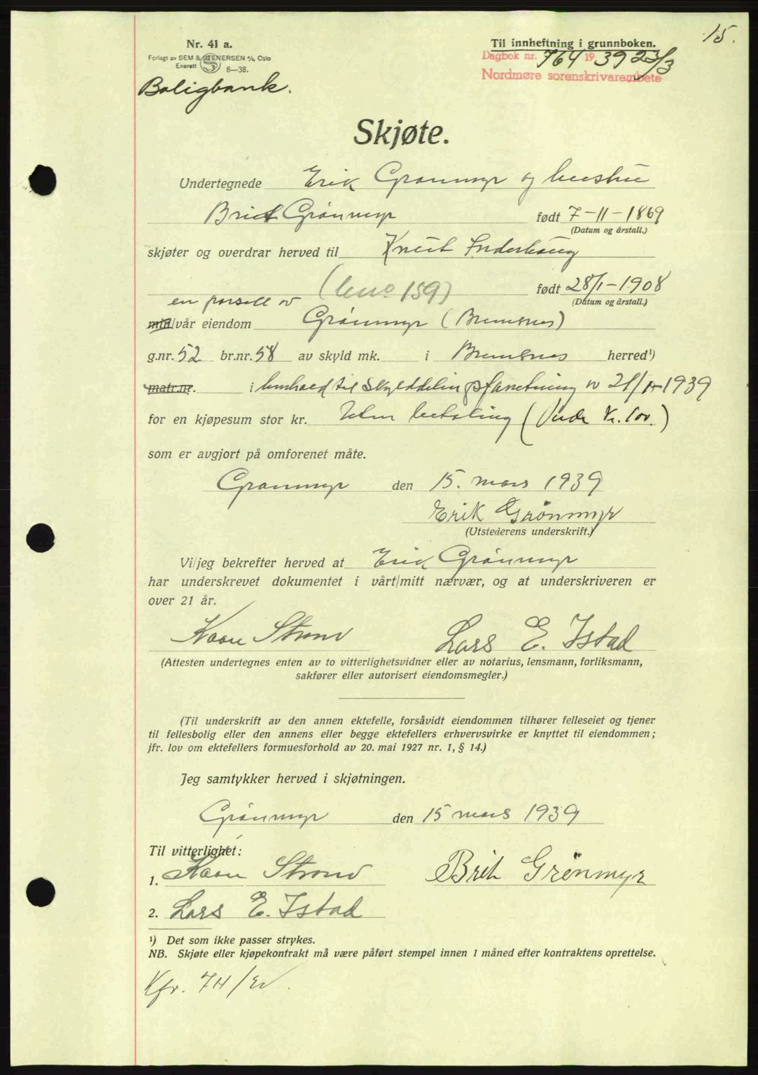 Nordmøre sorenskriveri, AV/SAT-A-4132/1/2/2Ca: Mortgage book no. A86, 1939-1939, Diary no: : 764/1939