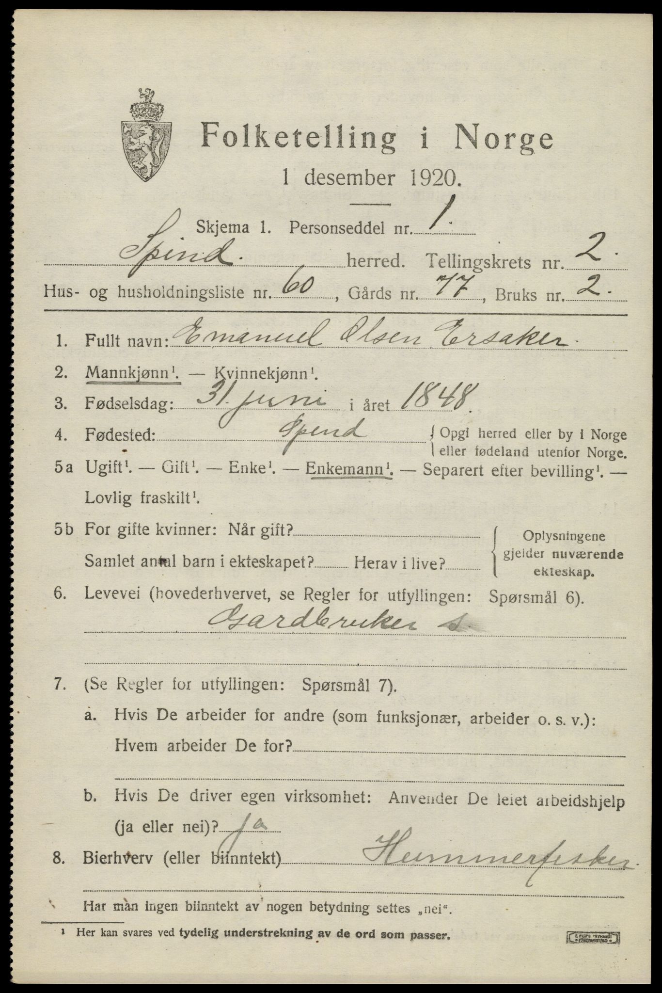 SAK, 1920 census for Spind, 1920, p. 1635