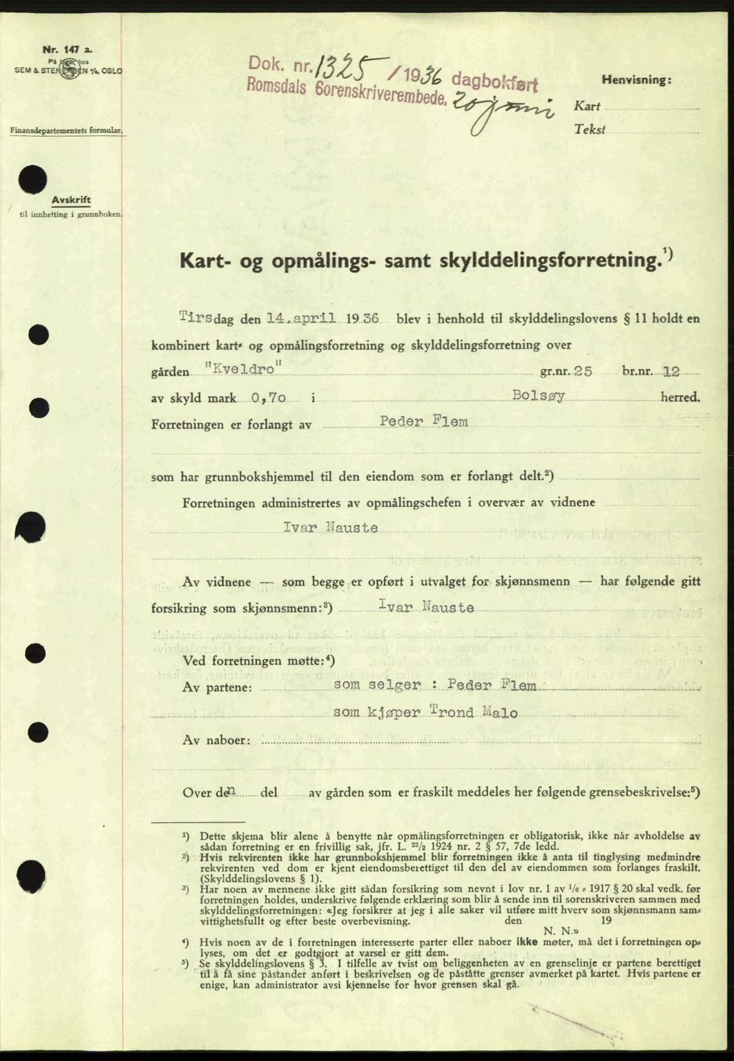 Romsdal sorenskriveri, AV/SAT-A-4149/1/2/2C: Mortgage book no. A1, 1936-1936, Diary no: : 1325/1936