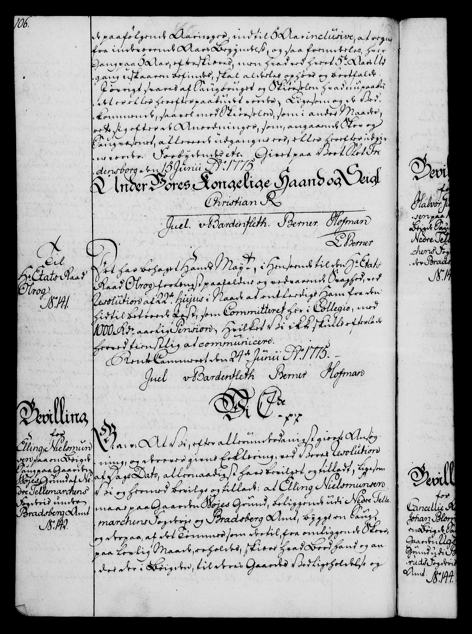 Rentekammeret, Kammerkanselliet, RA/EA-3111/G/Gg/Gga/L0010: Norsk ekspedisjonsprotokoll med register (merket RK 53.10), 1773-1778, p. 106
