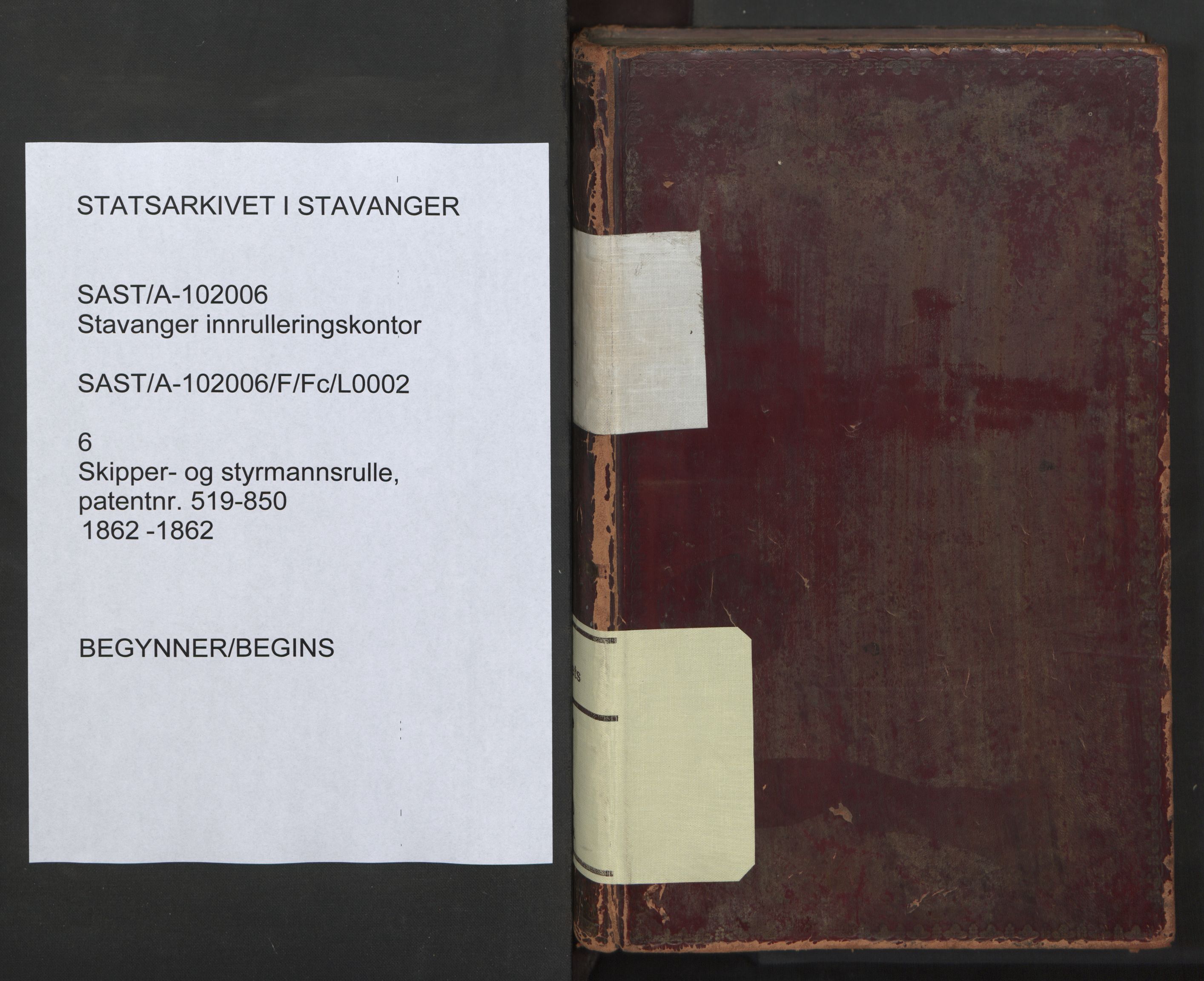 Stavanger sjømannskontor, SAST/A-102006/F/Fc/L0002: Skipper- og styrmannsrulle, patentnr. 519-850, 1862, p. 1
