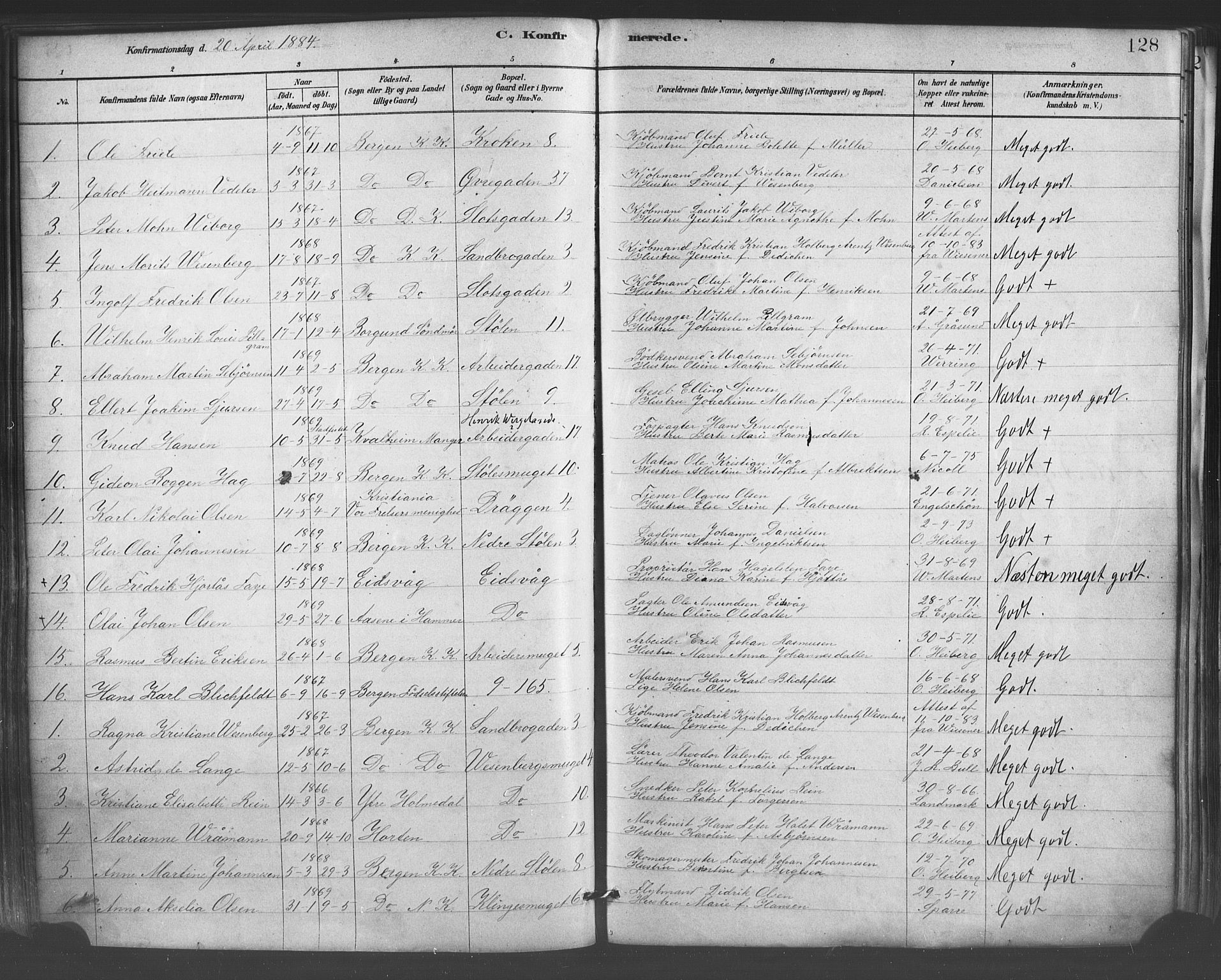 Mariakirken Sokneprestembete, SAB/A-76901/H/Haa/L0007: Parish register (official) no. A 7, 1878-1893, p. 128