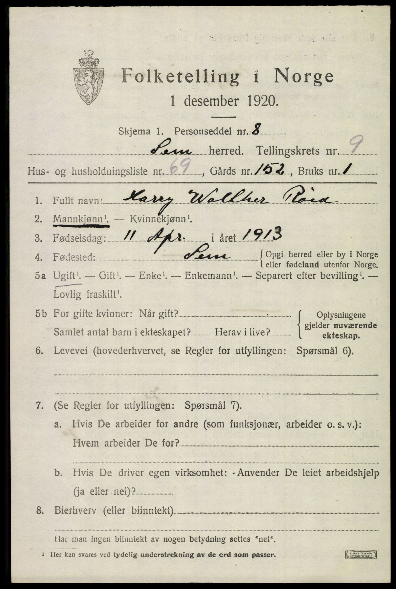 SAKO, 1920 census for Sem, 1920, p. 13375
