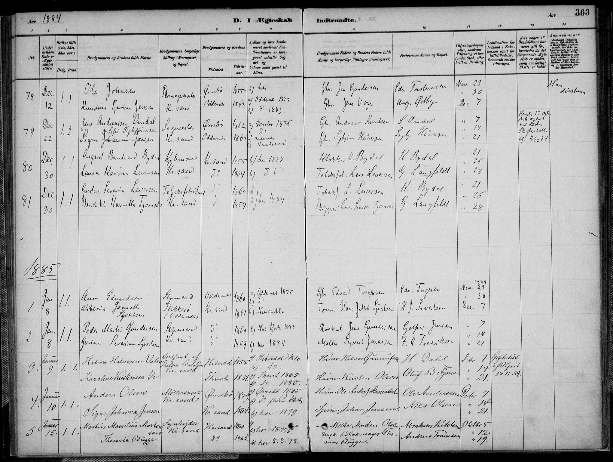 Kristiansand domprosti, SAK/1112-0006/F/Fa/L0017: Parish register (official) no. A 16B, 1880-1890, p. 363