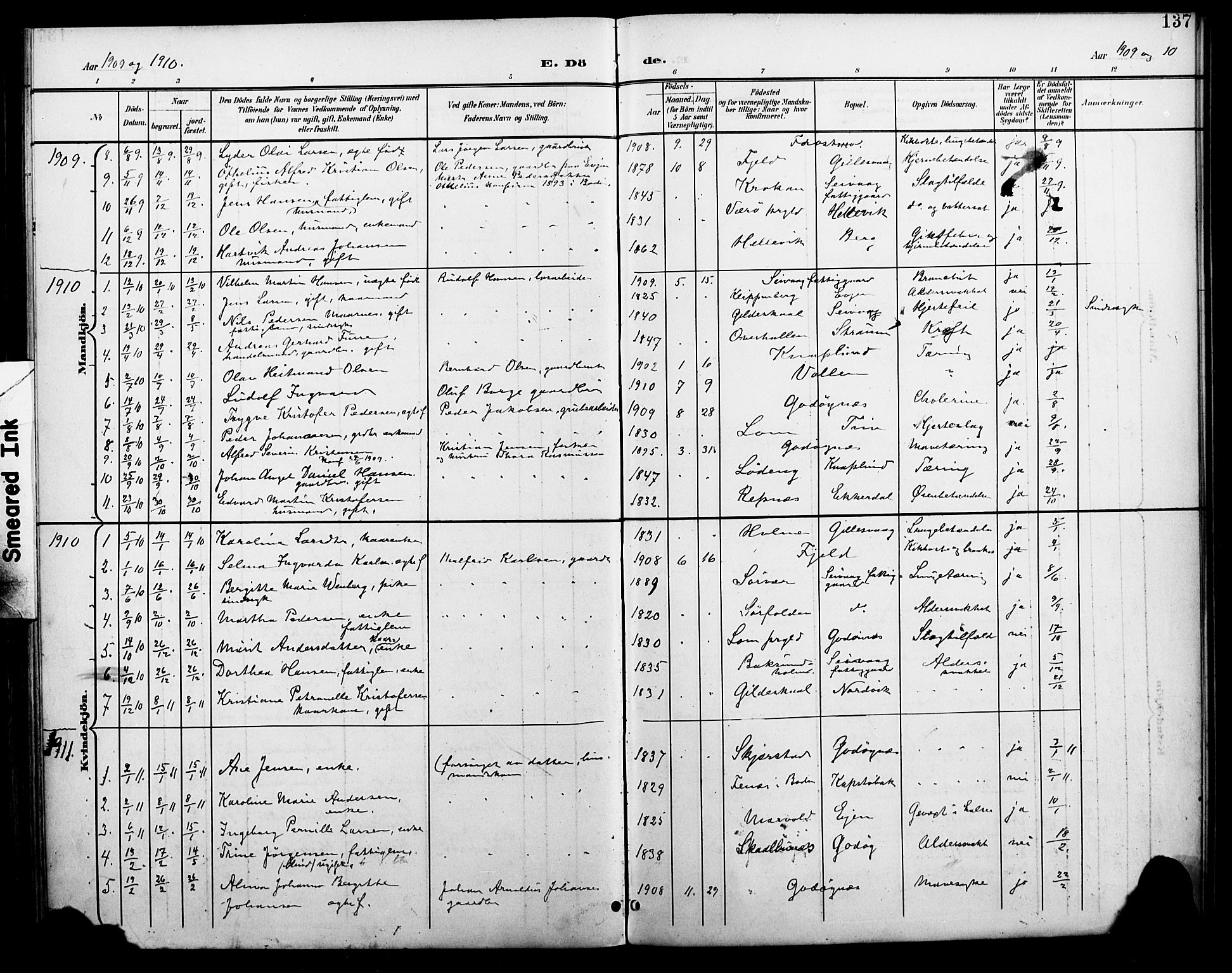 Ministerialprotokoller, klokkerbøker og fødselsregistre - Nordland, AV/SAT-A-1459/804/L0088: Parish register (copy) no. 804C01, 1901-1917, p. 137