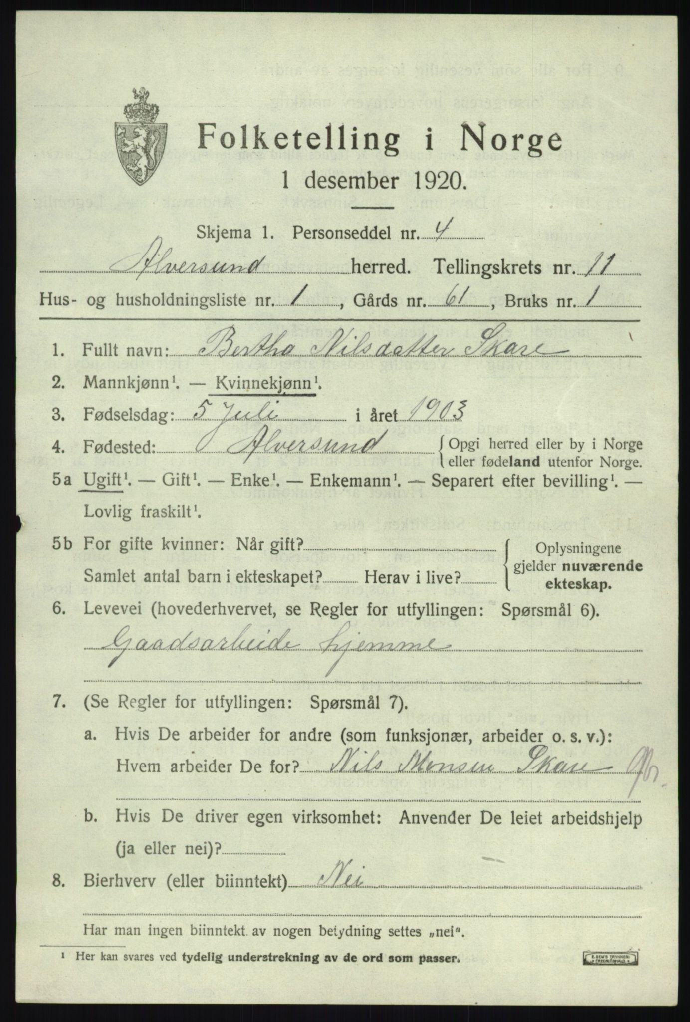 SAB, 1920 census for Alversund, 1920, p. 6686