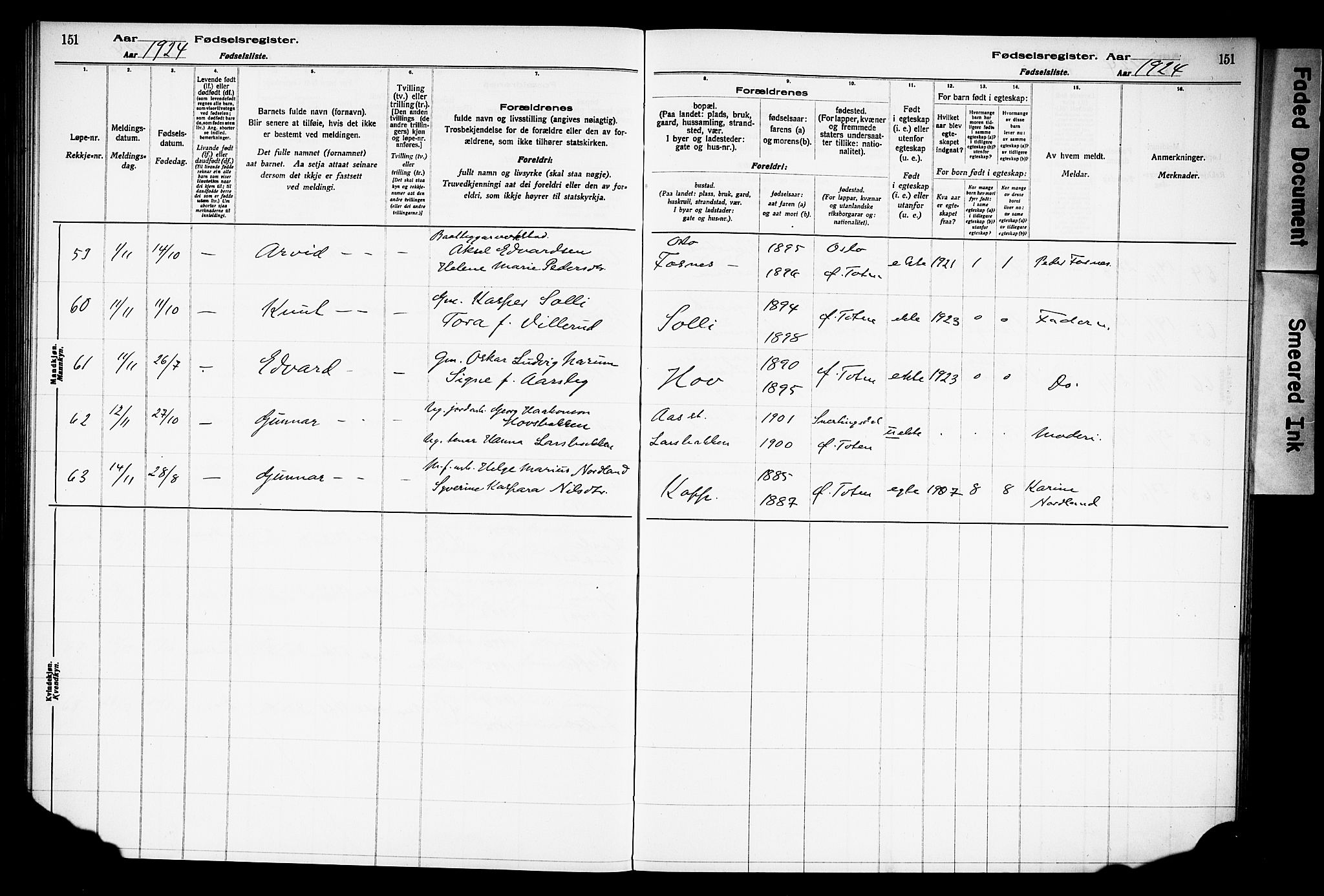 Østre Toten prestekontor, AV/SAH-PREST-104/I/Id/L0001/0001: Birth register no. 1.1, 1916-1928, p. 151