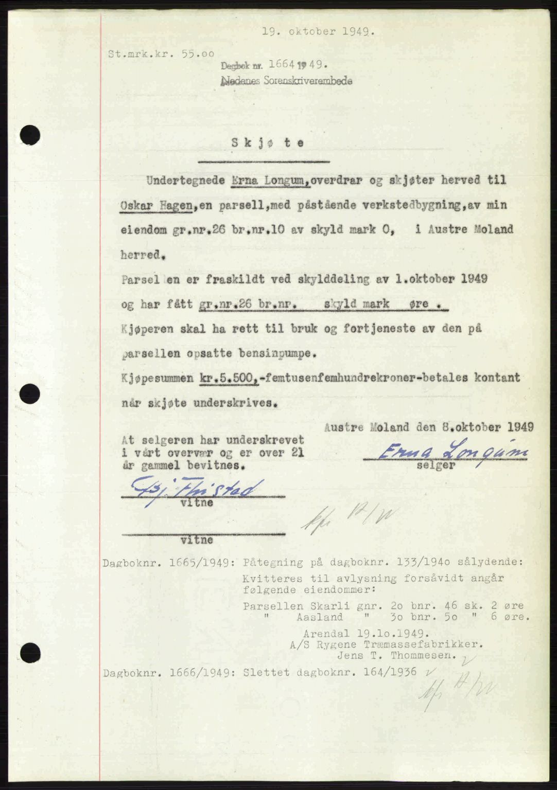 Nedenes sorenskriveri, AV/SAK-1221-0006/G/Gb/Gba/L0061: Mortgage book no. A13, 1949-1949, Diary no: : 1664/1949