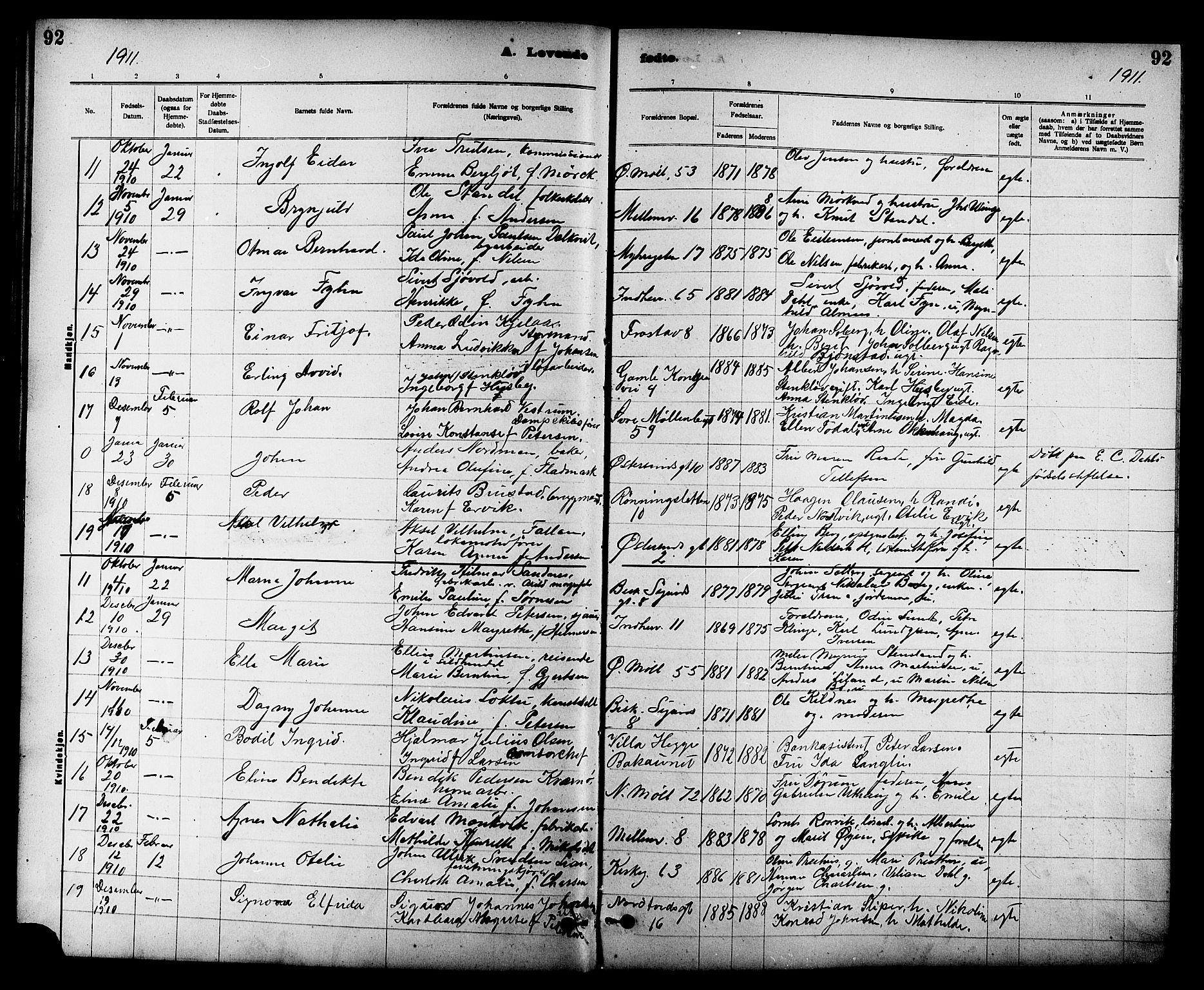 Ministerialprotokoller, klokkerbøker og fødselsregistre - Sør-Trøndelag, SAT/A-1456/605/L0254: Parish register (copy) no. 605C01, 1908-1916, p. 92