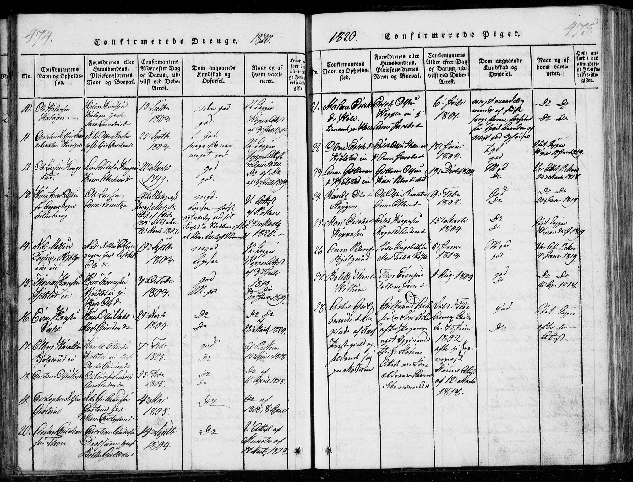 Modum kirkebøker, AV/SAKO-A-234/G/Ga/L0001: Parish register (copy) no. I 1, 1818-1824, p. 474-475