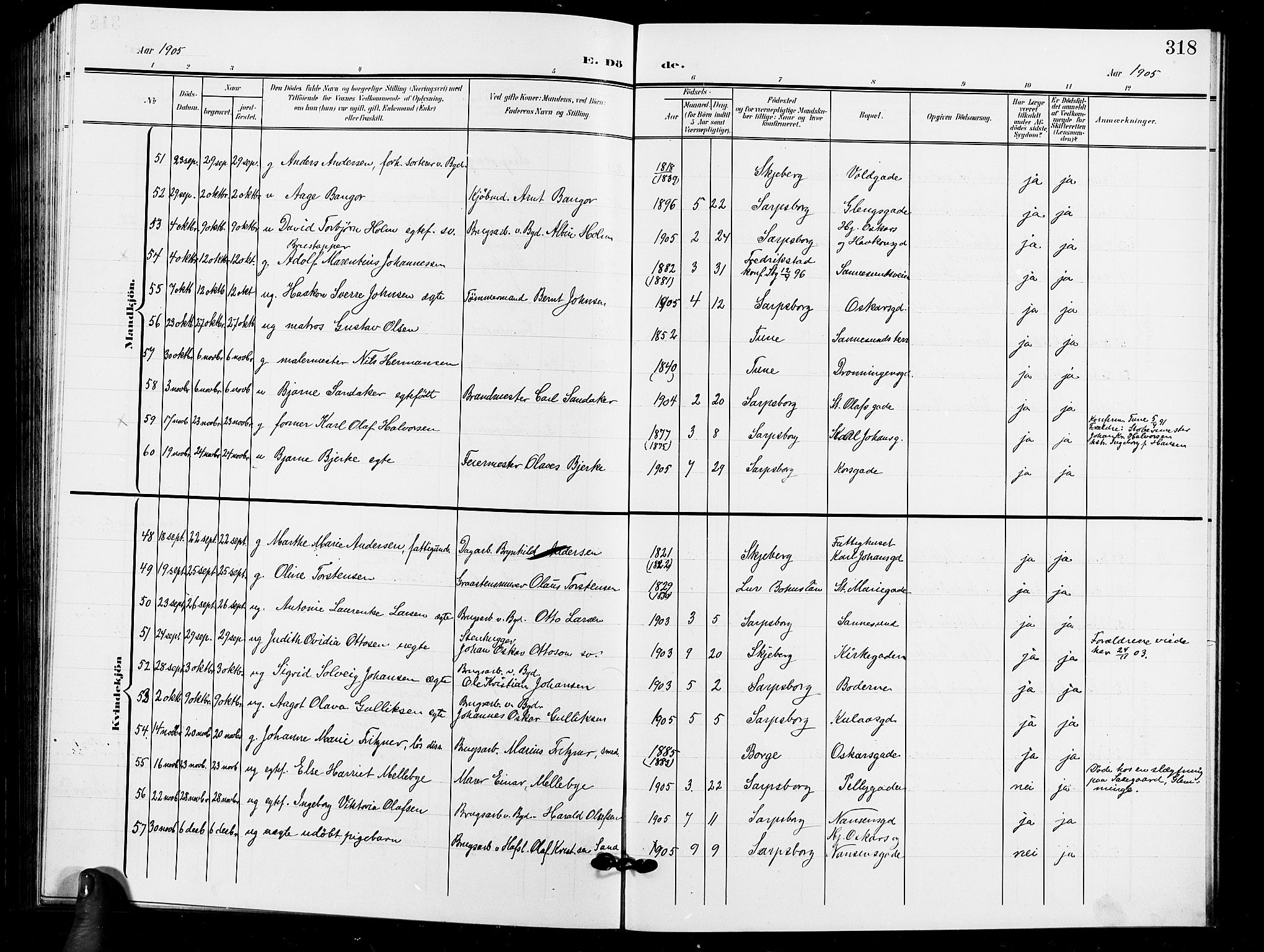 Sarpsborg prestekontor Kirkebøker, AV/SAO-A-2006/G/Ga/L0001: Parish register (copy) no. 1, 1902-1911, p. 318