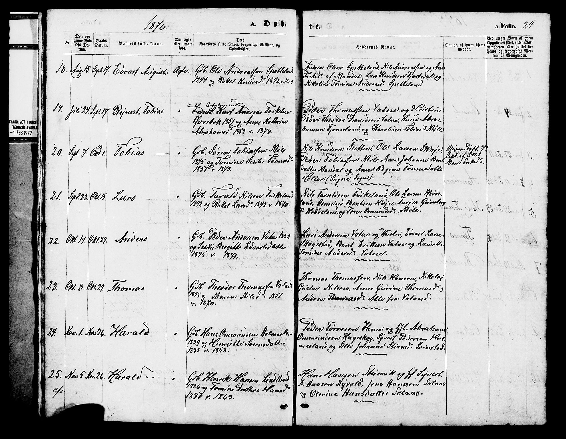 Holum sokneprestkontor, SAK/1111-0022/F/Fb/Fba/L0004: Parish register (copy) no. B 4, 1867-1890, p. 24