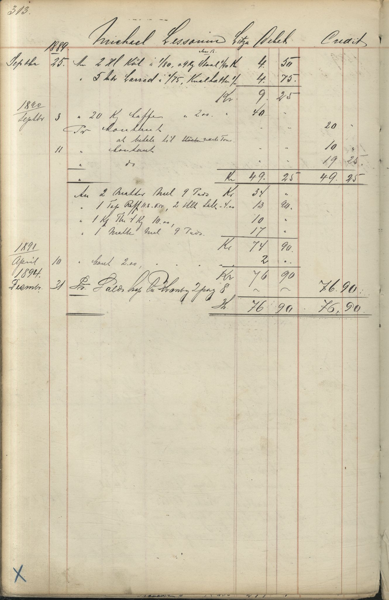 Brodtkorb handel A/S, VAMU/A-0001/F/Fc/L0001/0001: Konto for kvener og nordmenn på Kolahalvøya  / Conto for Kvæner og Nordmænd paa Russefinmarken No 1, 1868-1894, p. 313