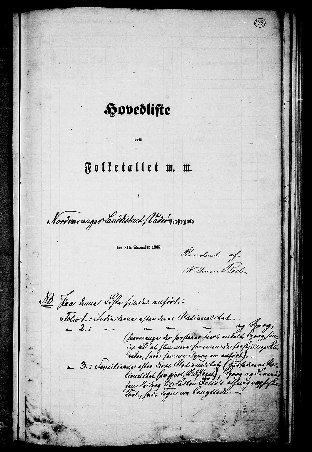 RA, 1865 census for Vadsø/Nord-Varanger, 1865, p. 1