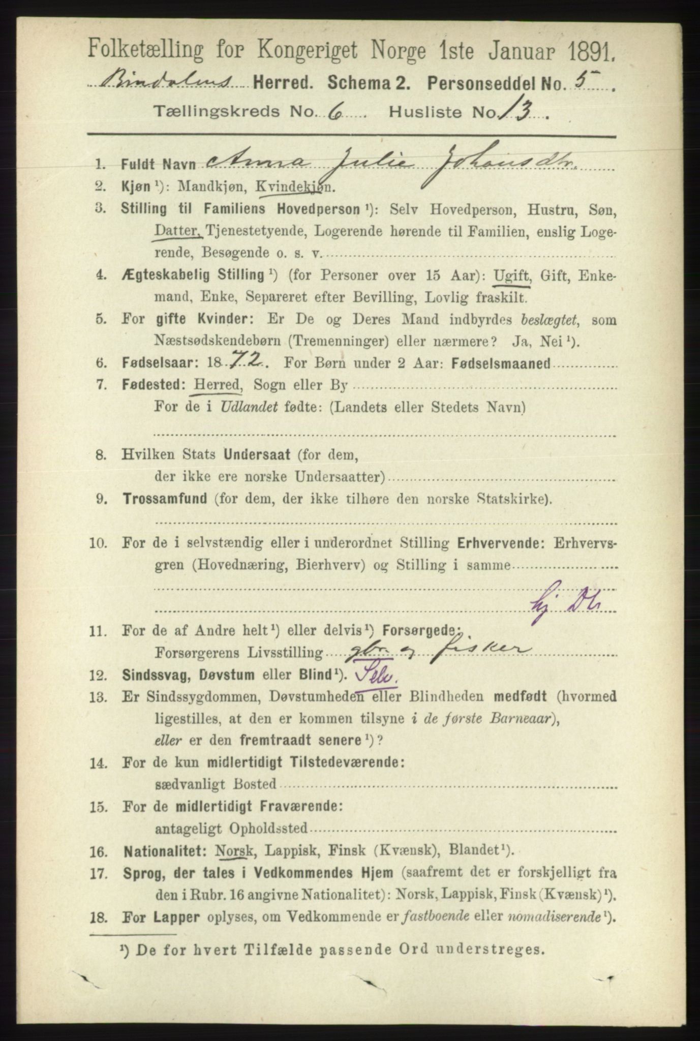 RA, 1891 census for 1811 Bindal, 1891, p. 1805